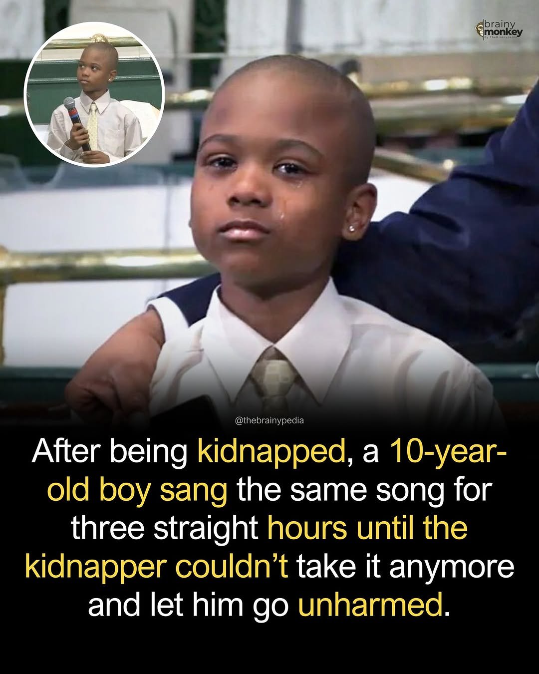 Photo by Brainypedia on January 15, 2026. May be a meme of child and text that says 'Shatly ebrainy monkey @thebrainypedia hebrair ypedi After being kidnapped, a 10-year- old boy sano the same song for three straight hours until the kidnapper couldn't take it anymore and let him go unharmed.'.