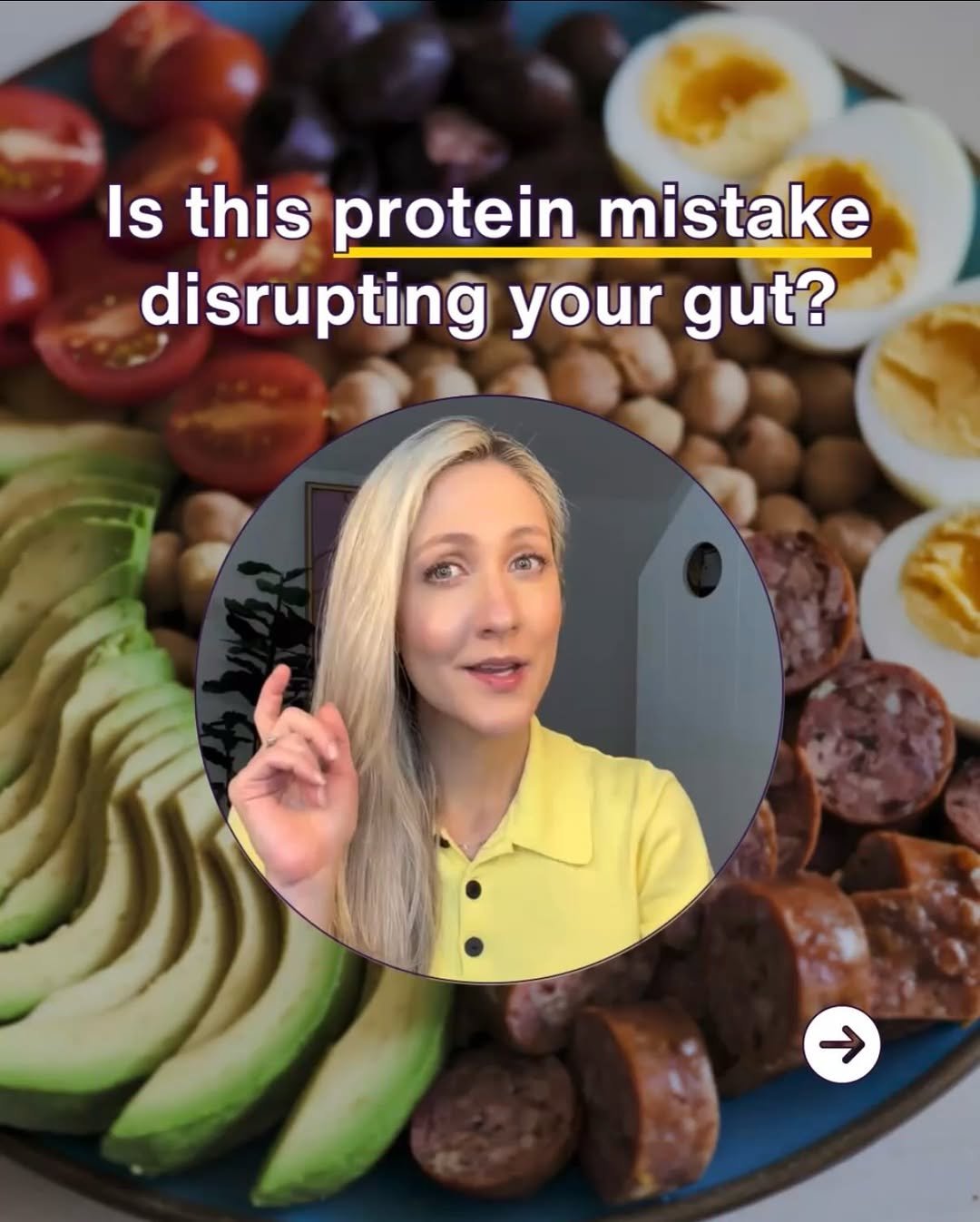 Photo by Dr Megan Rossi on April 26, 2026. May be an image of egg yolk, sausage and text that says 'Is this protein mistake disrupting your gut?'.