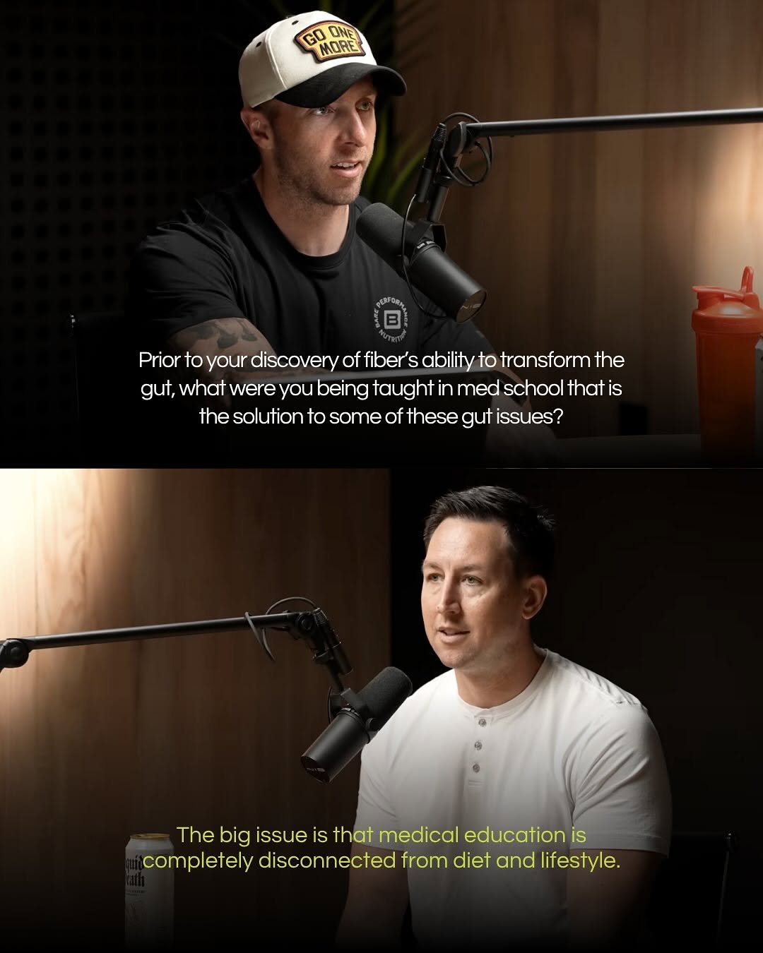 Photo shared by Will Bulsiewicz MD MSCI | Gastroenterologist on November 12, 2025 tagging @thenickbarepodcast. May be a Twitter screenshot of microphone and text that says 'GODIS GO ONE MORE 10 Prior to your discovery of fiber s ability to transform the gut, what were you being g taught in med school that is the solution to some of these gut issues? The big issue is that medical education is completely disconnected from diet and lifestyle.'.