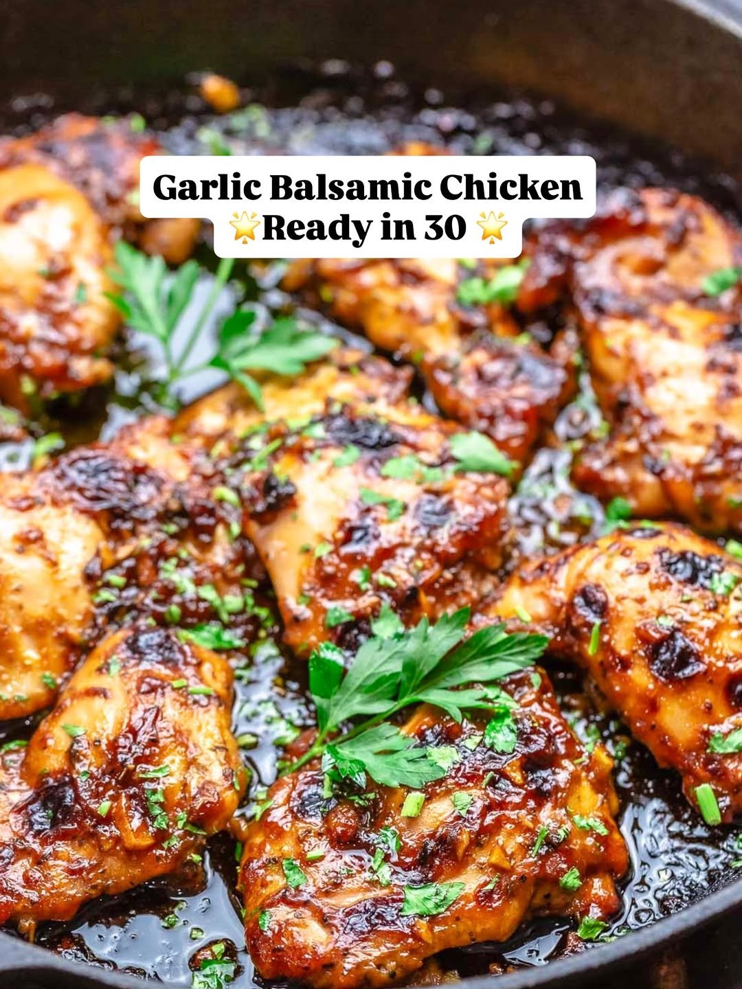 Easy balsamic chicken in skillet. Chicken thigh recipe ready in 30 minutes