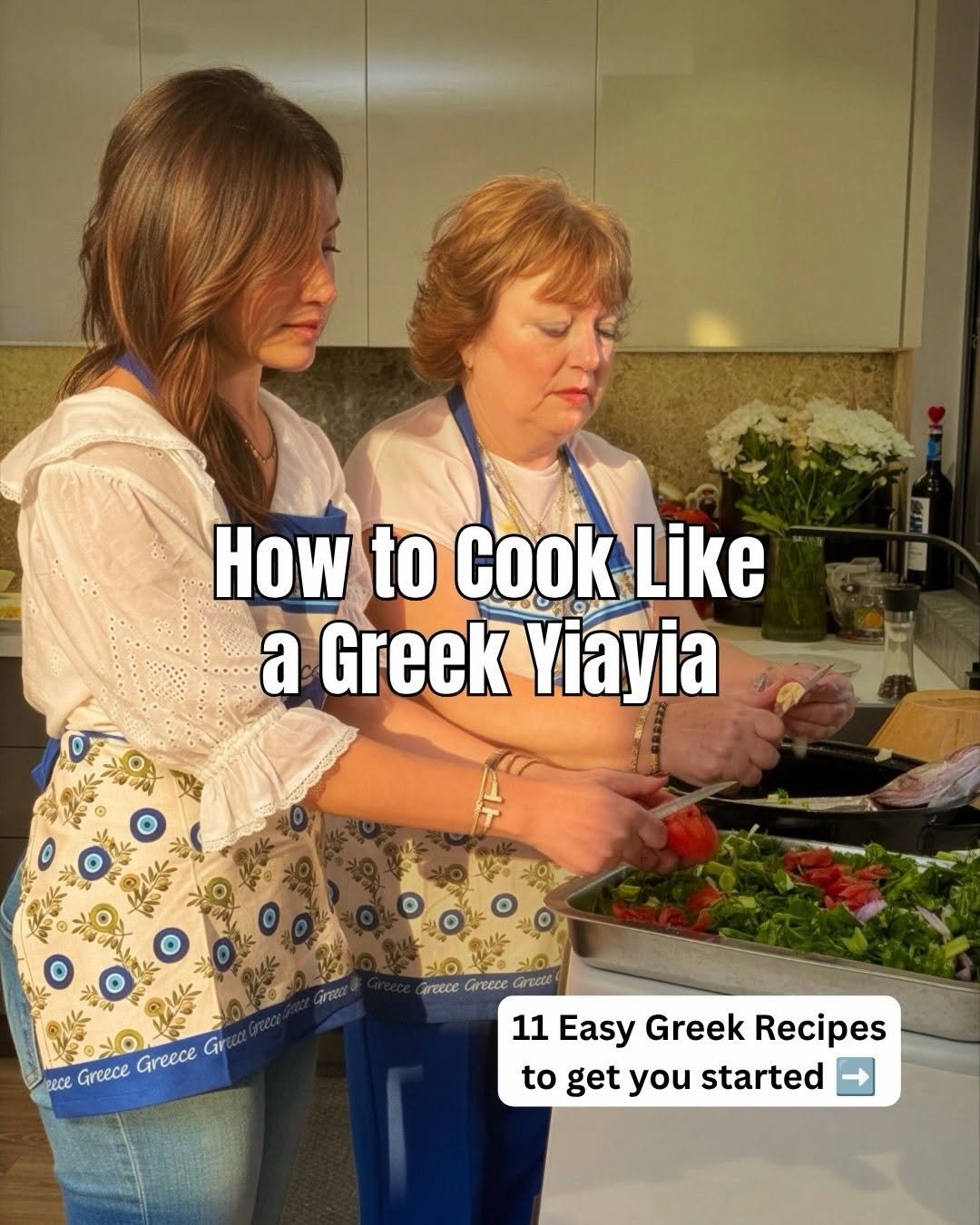 Two women cooking together in a bright kitchen while preparing a traditional Greek meal. Text on screen reads, "How to Cook Like a Greek Yiayia" and "11 Easy Greek Recipes to get you started." This carousel features authentic Greek recipes and Mediterranean dishes inspired by home cooking in Greece.