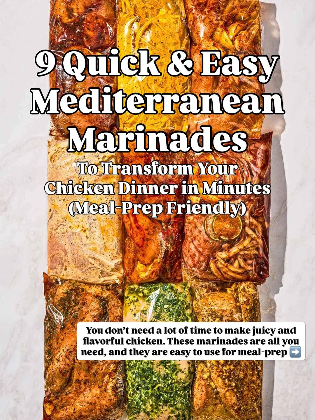Photo by Mediterranean Food & Diet | Easy Recipes | Suzy Karadsheh on April 21, 2026. May be an image of souvlakia, sauce and text that says '9 Quick & Easy Mediterranean Marinades ToTransform Your Chicken Dinner in Minutes (Meal-Prep (Meal- Prep Friendly) You don't need a lot of time to make juicy and flavorful chicken. These marinades are all you need, and they are easy to use for meal-prep meal- prep'.