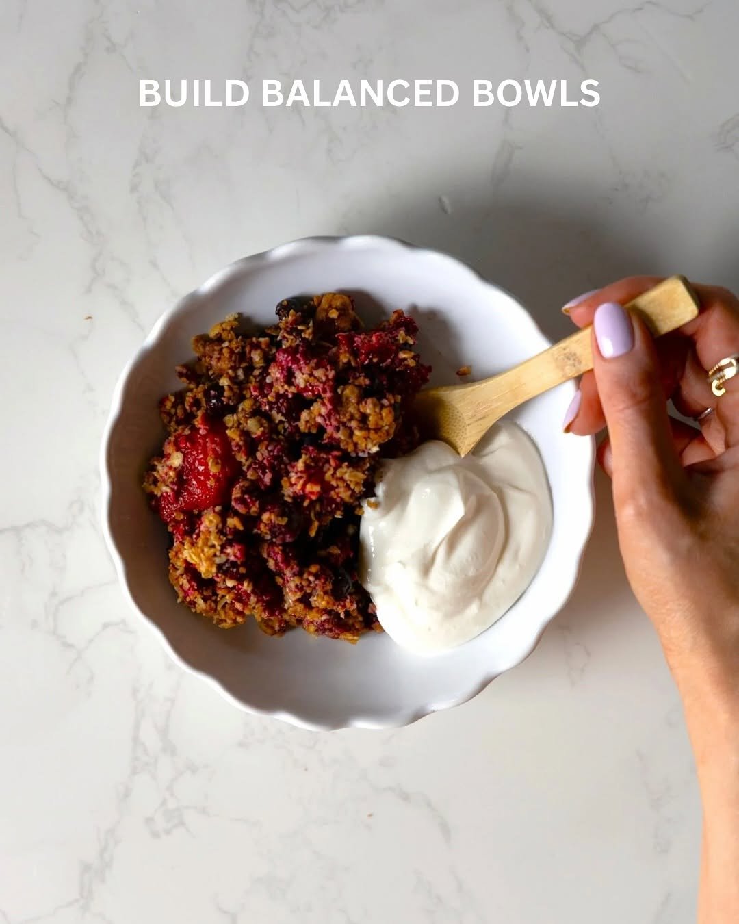 Photo by Dr Emily Prpa PhD | Nutrition Scientist on November 23, 2025. May be an image of granola, yogurt, bowl and text that says 'BUILD BALANCED BOWLS'.