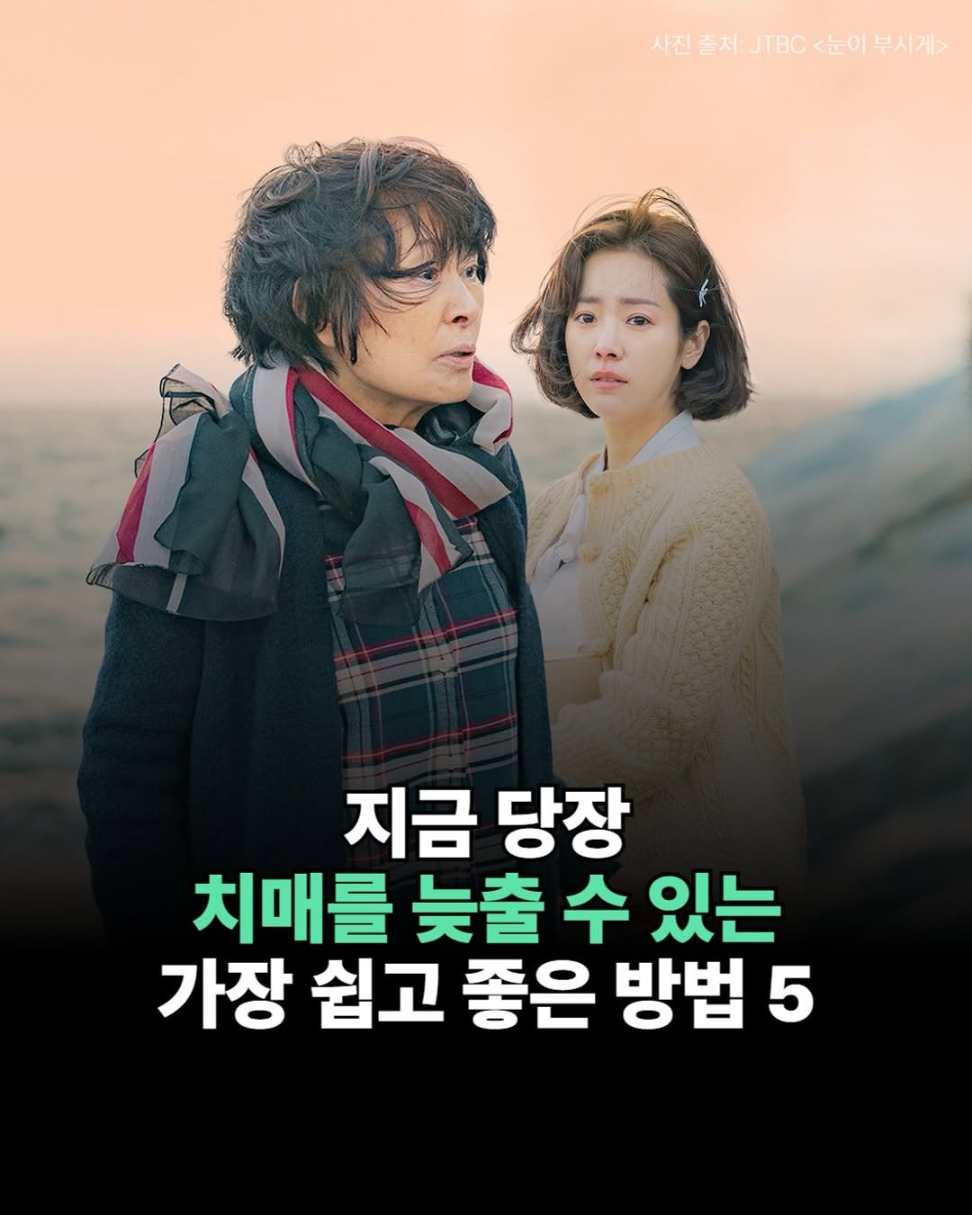 Photo by 더퀘스트 on August 10, 2025. May be an image of 2 people, poster and text that says '사진출처: 사진 출처: JTBC <눈이 사진출차:JTBC<눈이부시게> 부시게> 지금 당장 치매를 늦출 수 있는 가장 쉽고 좋은 방법 5'.