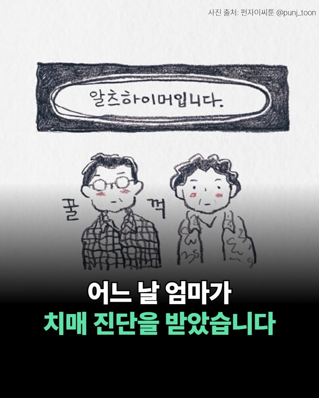 Photo by 더퀘스트 on August 13, 2025. May be an image of text that says '사진 출처: 펀자이씨툰 @punj @punj_toon toon 알츠히 알츠하이머입니다. 꿀 꺽 어느 날 엄마가 치매 진단을 받았습니다'.