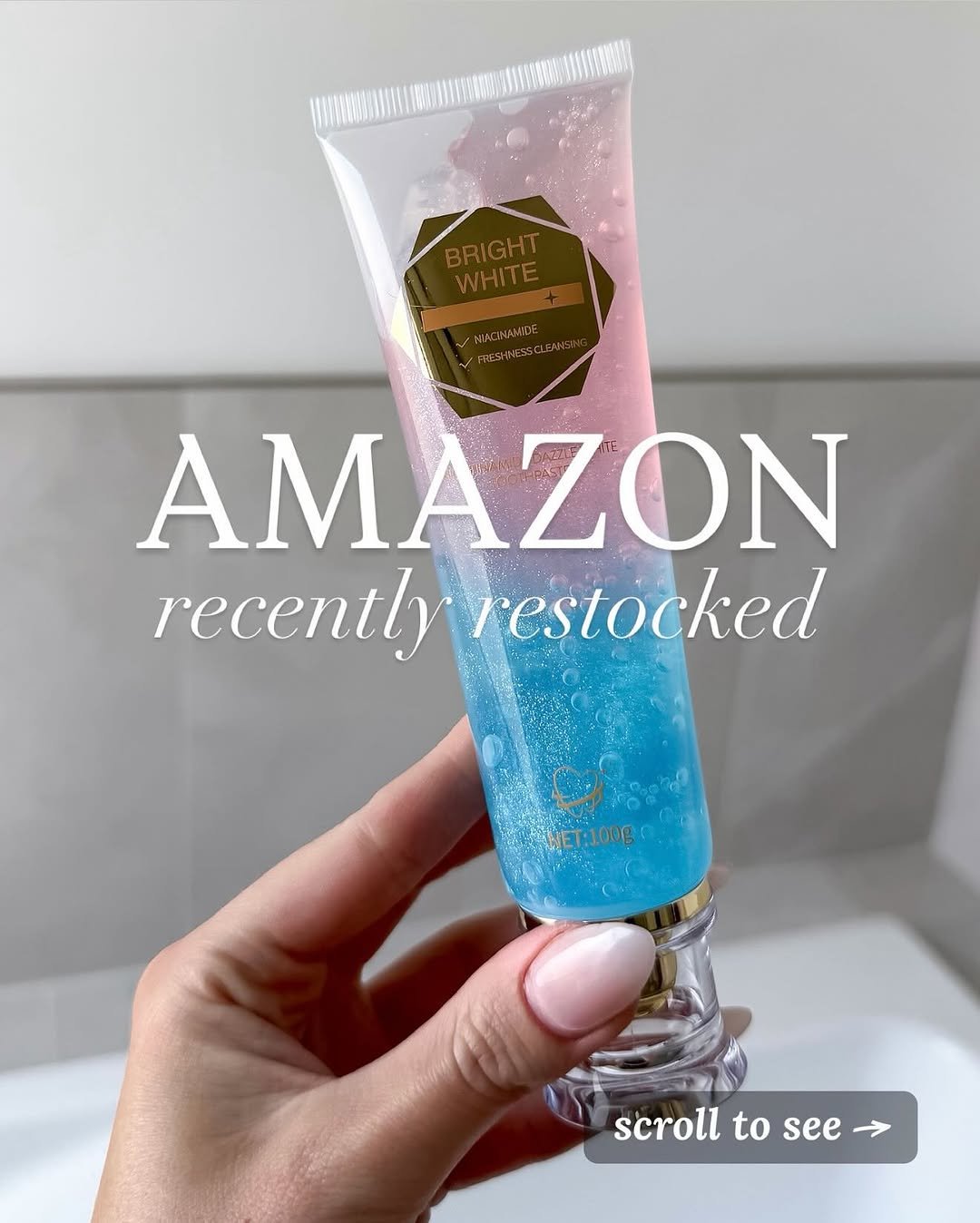 Photo by Karisa Udy | Kailye Adair on January 10, 2026. May be an image of cosmetics, ointment, hand cream, lotion and text that says 'BRIGHT WHITE NE ΑΜΑΖΟΝ recently recentlyrestocked restocked HET: 00g scroll scrolltosee to see'.