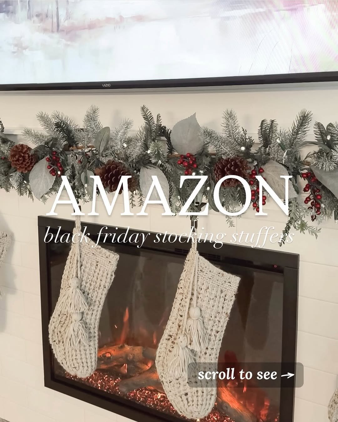 Photo by Karisa Udy | Kailye Adair on November 29, 2025. May be an image of Christmas stocking, fireplace, hearth and text.