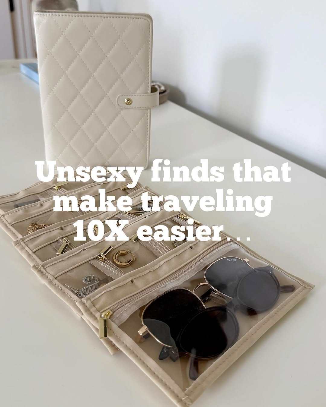 Photo by Karisa Udy | Kailye Adair on April 15, 2026. May be an image of suitcase, pouch, sunglasses, luggage, briefcase and text that says 'Unsexy finds that make traveling A 10X Xeasier easier 10 0 C生.KI たきト'.