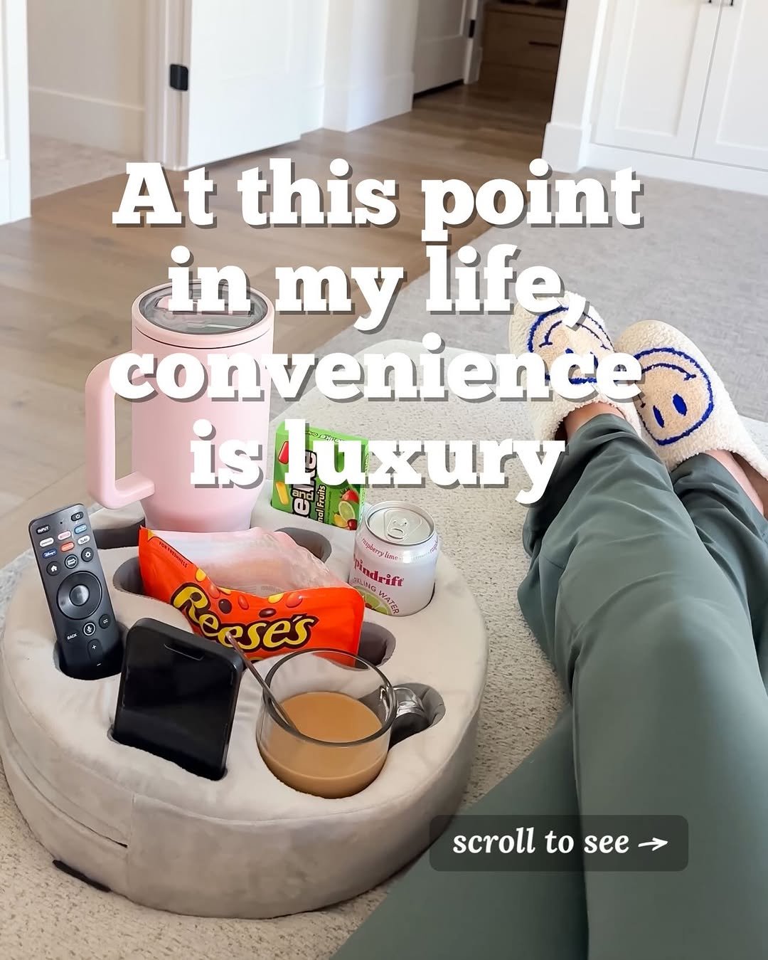 Photo by Karisa Udy | Kailye Adair on April 25, 2026. May be an image of ‎beanbag chair, tablet and ‎text that says '‎می At this point in my life conveniencen is istuxury مأد_م น้ำตอ T Mndrift ift M Reeses eses COJNG WAT R waw 0 scroll to scrolltosee see‎'‎‎.