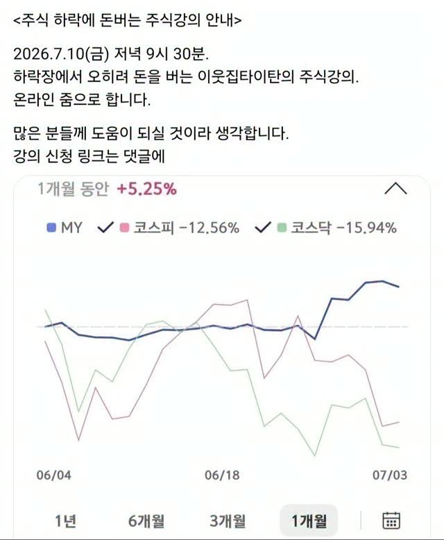 titan.nextdoor 게시물 이미지: <주식 하락에 돈버는 주식강의 안내>

2026.7.10(금) 저녁 9시...