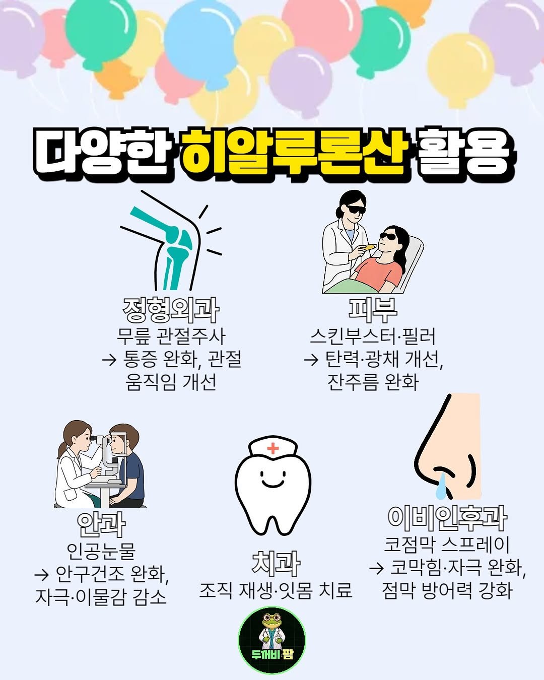 Photo by 영양제 디자이너,  두꺼비팜🐸 on January 14, 2026. May be a cartoon of poster and text that says '다양한 히알루론산 양한히알루론산활용 활용 정형외과 무릎 관절주사 → 통증 완화, 관절 움직임 개선 피부 스킨부스터·필러 필러 → 탄력·광채 탄력 개선, 잔주름 완화 안과 인공눈물 안구건조 완화, 자극·이물감 감소 치과 조직 재생.잇몸 치료 이비인후과 코점막 스프레이 코막힘·자극 ·자극 완화, 점막 방어력 강화 두꺼비 팜'.