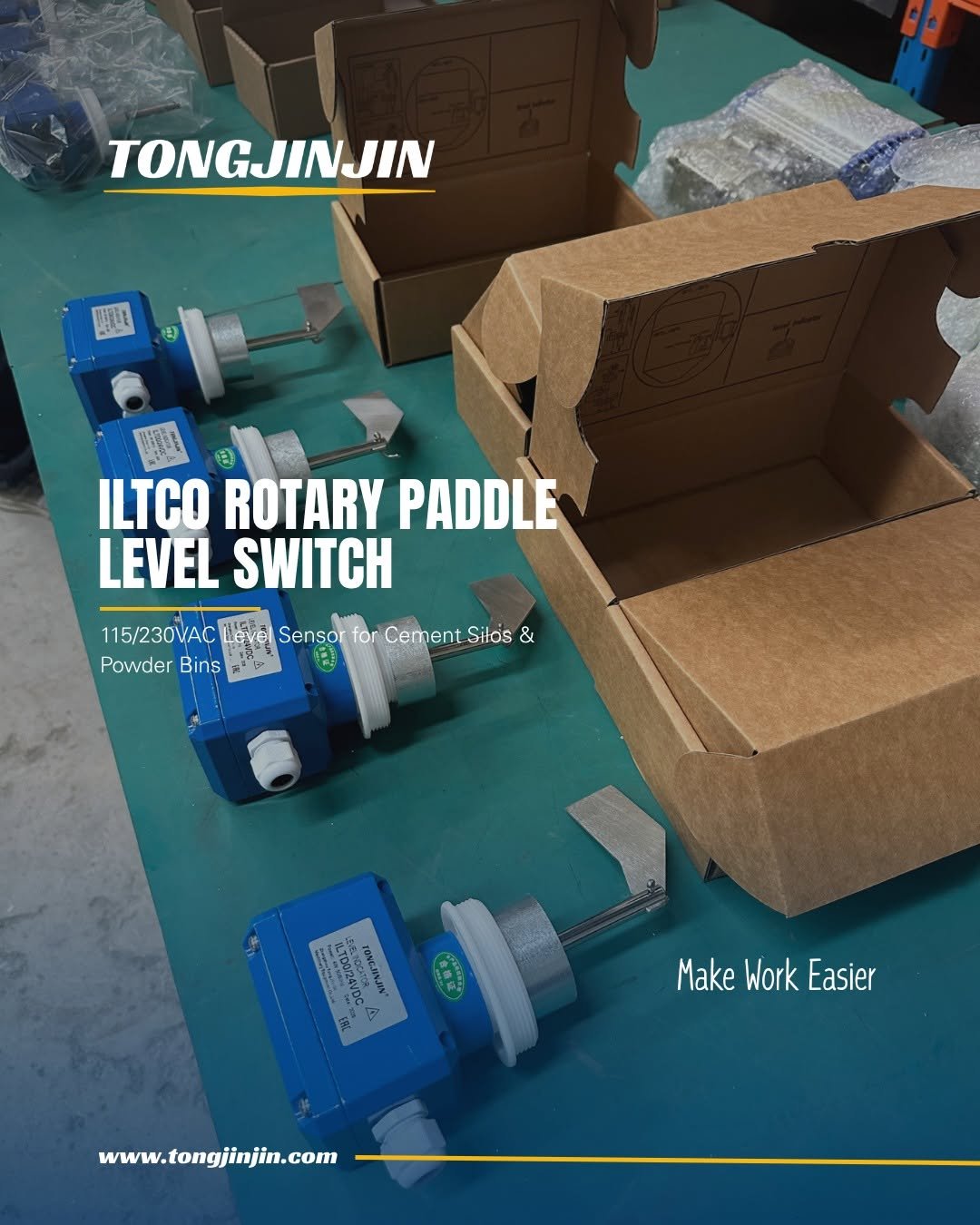 Photo by TongJinJin on April 16, 2026. May be an image of text that says 'TONGJINJIN ILTCO ROTARY PADDLE LEVEL SWITCH ራሎ 115/230VAC νa Sensor for Cement Silos & Powder Bins វទរយលកក 1용 จด Make Work MakeWorkEasier Easier www.tongjinjin.com'.