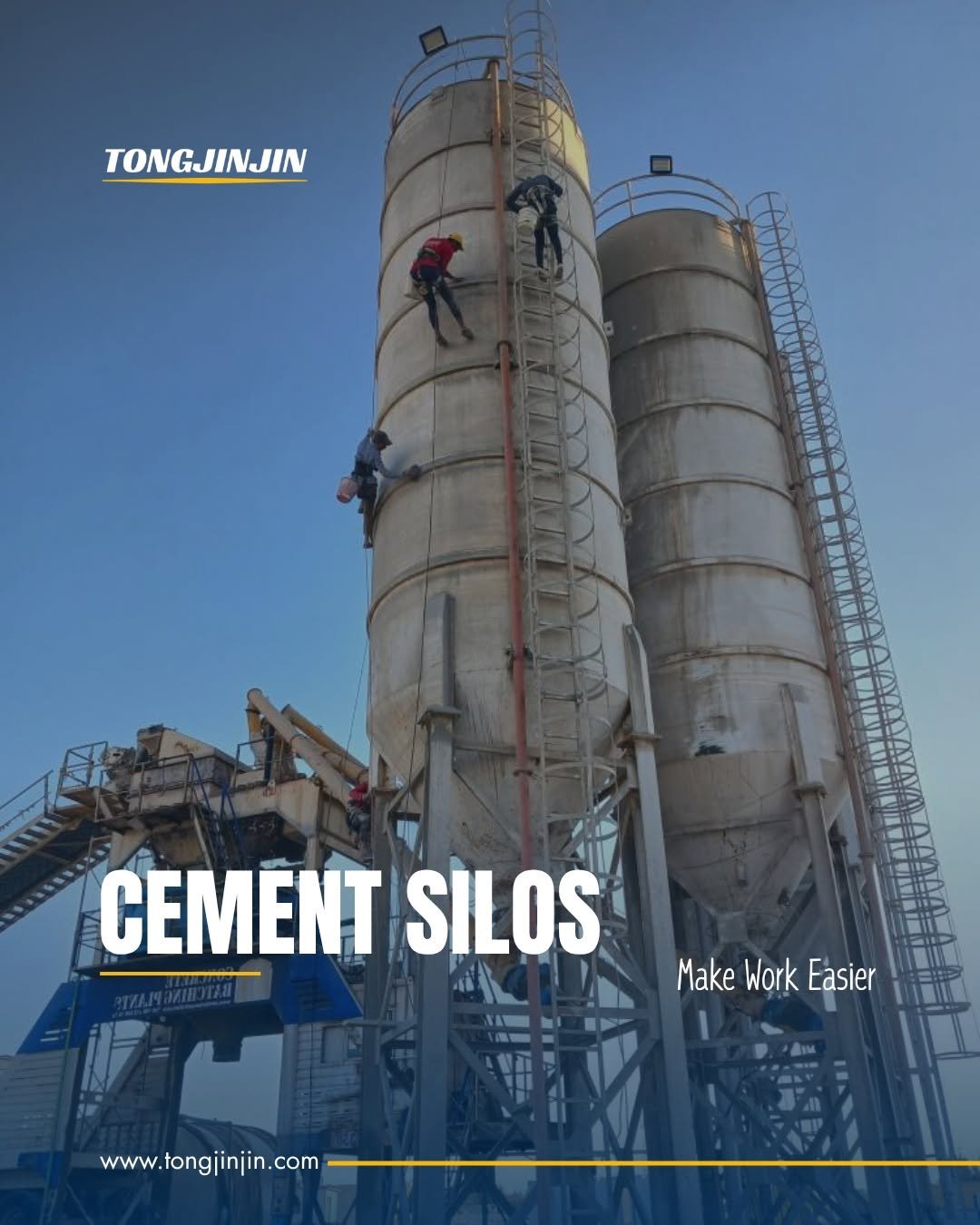 Photo by TongJinJin on April 25, 2026. May be an image of silo, crane, water tower and text that says 'TONGJINJIN + CEMENT SILOS 2bЛe Make Make Work MakeWorkEasier Easier www.tongjinjin.com'.