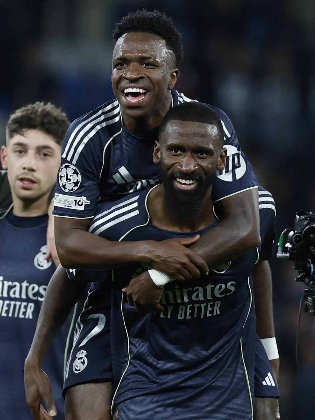 Photo shared by Antonio Rüdiger on March 17, 2026 tagging @vinijr. May be an image of football, soccer, crowd, stadium and text.