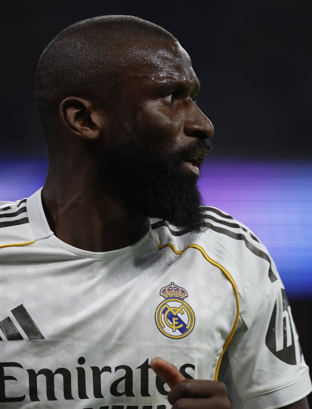 Photo shared by Antonio Rüdiger on February 25, 2026 tagging @realmadrid. May be an image of one or more people, beard, people playing football, people playing soccer, stadium and text.