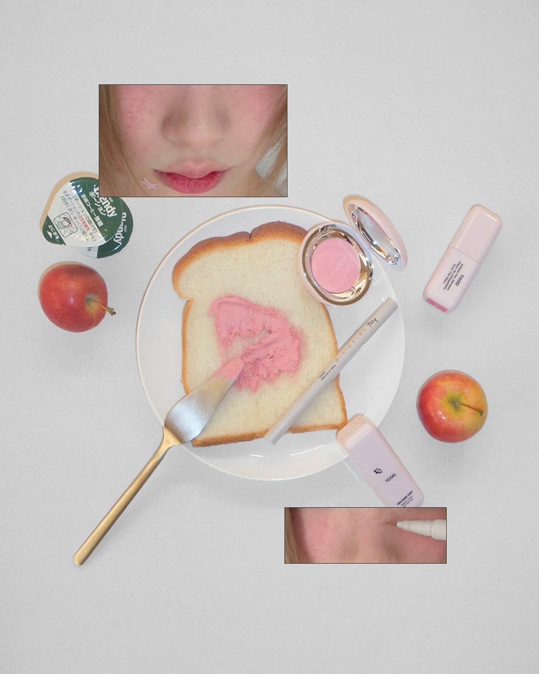Photo by Deep as if indifferent, Tooq 투크 on November 27, 2025. May be an image of one or more people, makeup, apple, toast, sharpener and text.