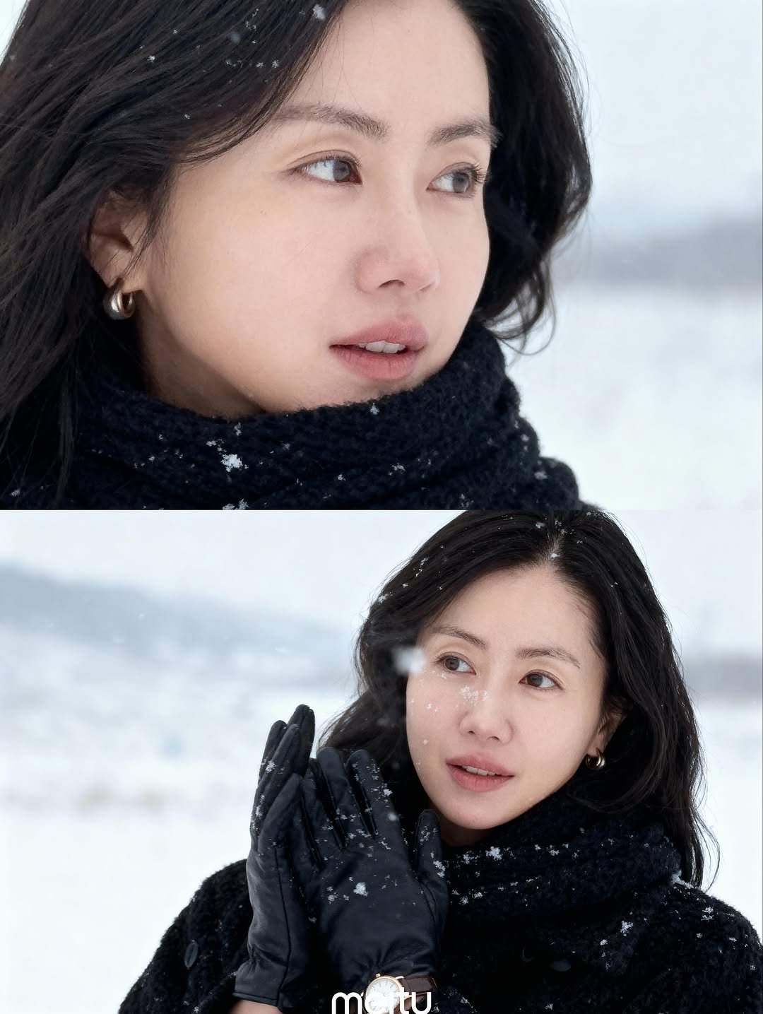 Photo by 치과의사 이은영 on November 01, 2025. May be a closeup of one or more people, duffle coat, goosedown coat, parka, turtleneck and snow.