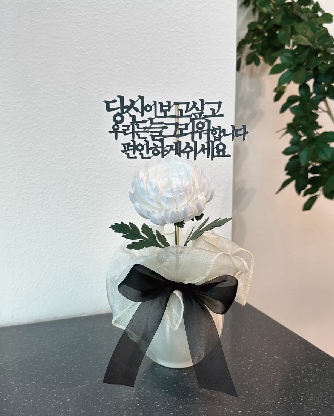 Photo by 토핑토퍼 최영은 | 플라워토퍼•토퍼클래스[온/오프라인] on August 12, 2025. May be an image of flower arrangement, prairie gentian, peony, baby's-breath, white lily, globe amaranth, carnation, rose and text that says '다시어보고싶고 단사 당전이보고싶고 는는리워해니다 우는크리우 합니다 편안하게쉬세요'.
