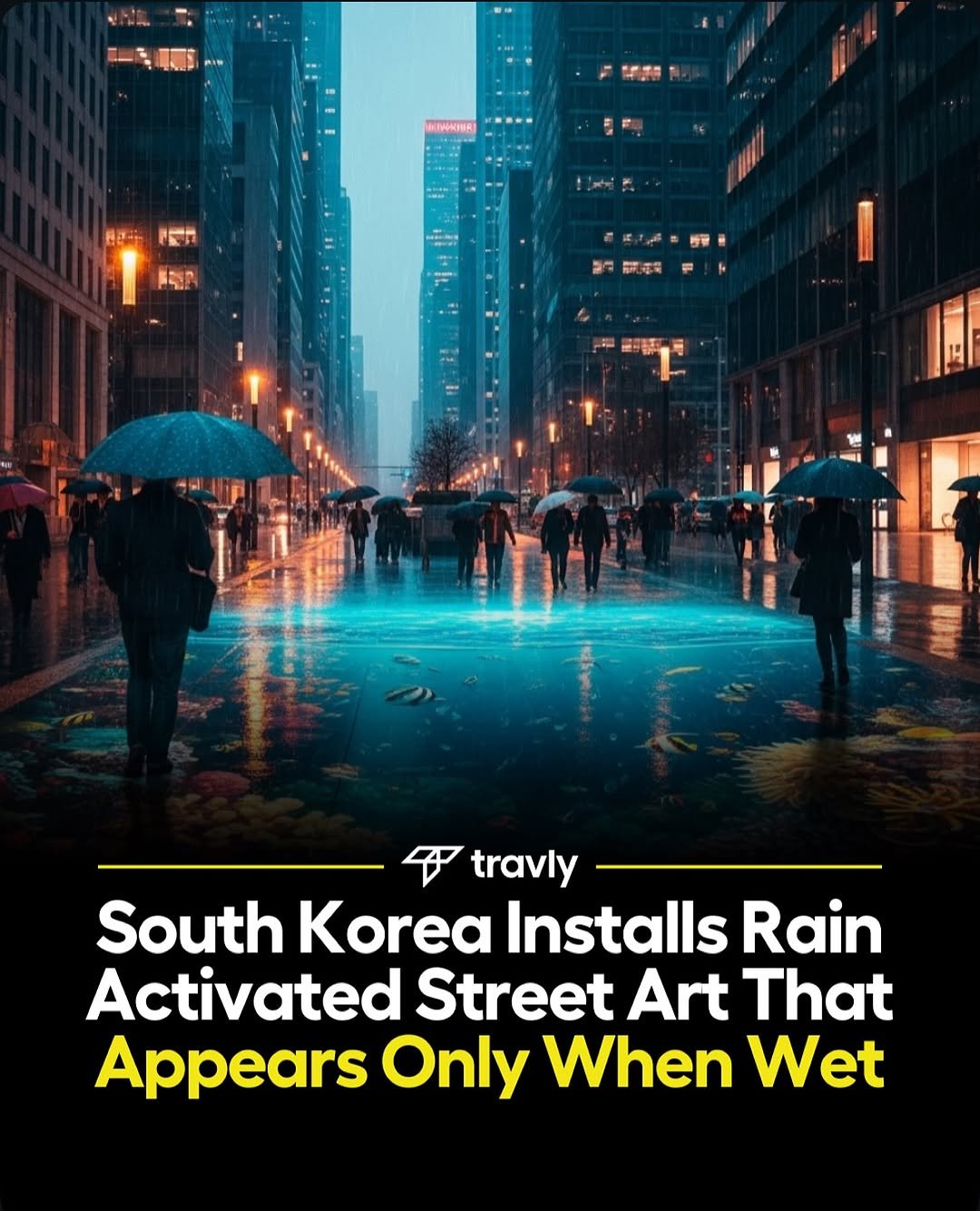 Photo by Travel by Travly ™ on September 29, 2025. May be an image of 6 people, umbrella, poster, signboard, street and text that says 'NTHNNUR 12- FER 준월? travly South Installs Rain Activated Street Art That Appears Only When Wet'.