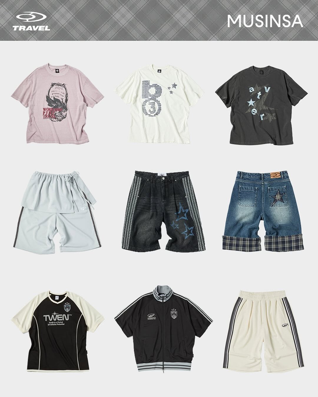 Photo shared by 트래블 공식 인스타그램 TRAVEL on July 30, 2025 tagging @musinsa.official, and @musinsa.store. May be a graphic of activewear, sportswear, shorts, sweatpants and text.