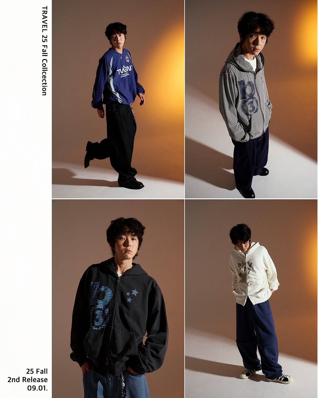 Photo by 트래블 공식 인스타그램 TRAVEL on August 31, 2025. May be an image of ‎duffle coat, parka, sweatpants, sportswear and ‎text that says '‎TRAVEL 25 Fall Collcection TUEN ه 海 神科使护 請代 遊 25 Fall 2nd Release 09.01.‎'‎‎.