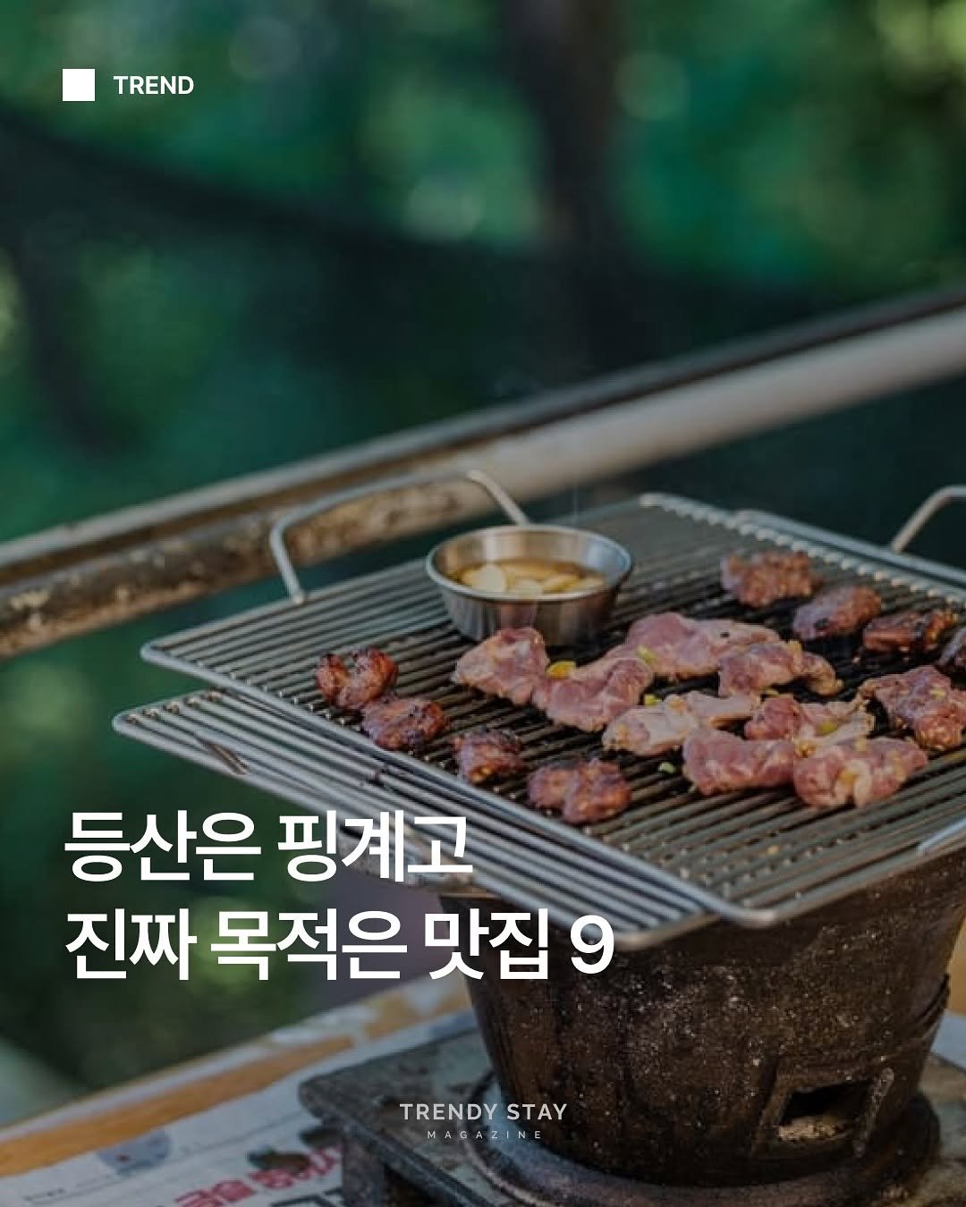 Photo by 트렌디스테이 | Trendystay on May 05, 2025. May be an image of grill, skewer, pork and text that says 'TREND 등산은 핑계고 진짜 목적은 맛집 TRENDY TRENDYSTAY STAY MAGAZINE z'.