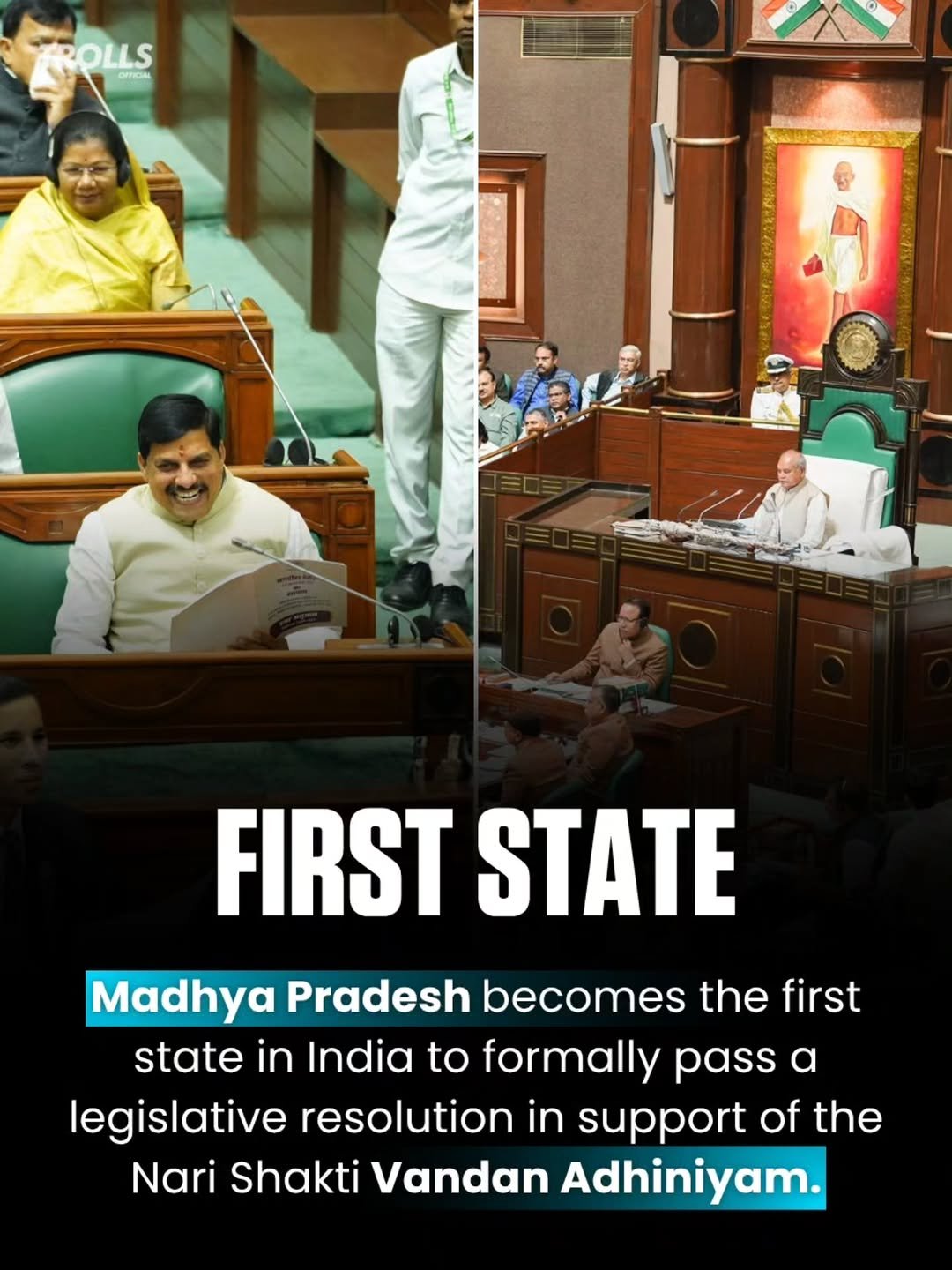 Photo by Trolls Official on April 28, 2026. May be an image of standing, poster, magazine, dais and text that says 'ROLLS ORFIOIA CrYdA FIRST STATE Madhya Pradesh becomes the first state in India to formally pass α legislative resolution in support of the Nari Shakti Vandan Adhiniyam.'.