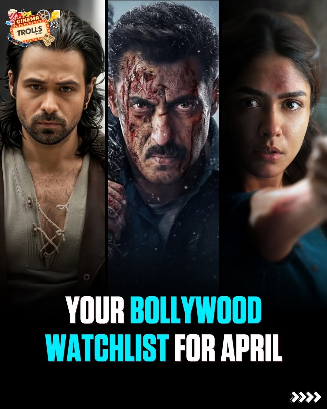 Photo by Trolls Official on March 31, 2026. May be an image of one or more people, screen, poster and text that says 'CINEMA TROLLS YOUR BOLLYWOOD WATCHLIST FOR APRIL >>>>'.