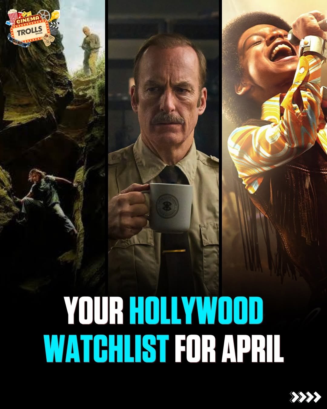 Photo by Trolls Official on April 01, 2026. May be a video game screenshot of poster and text that says 'CINENE TROLLS YOUR HOLLYWOOD WATCHLIST FOR APRIL >>>>'.
