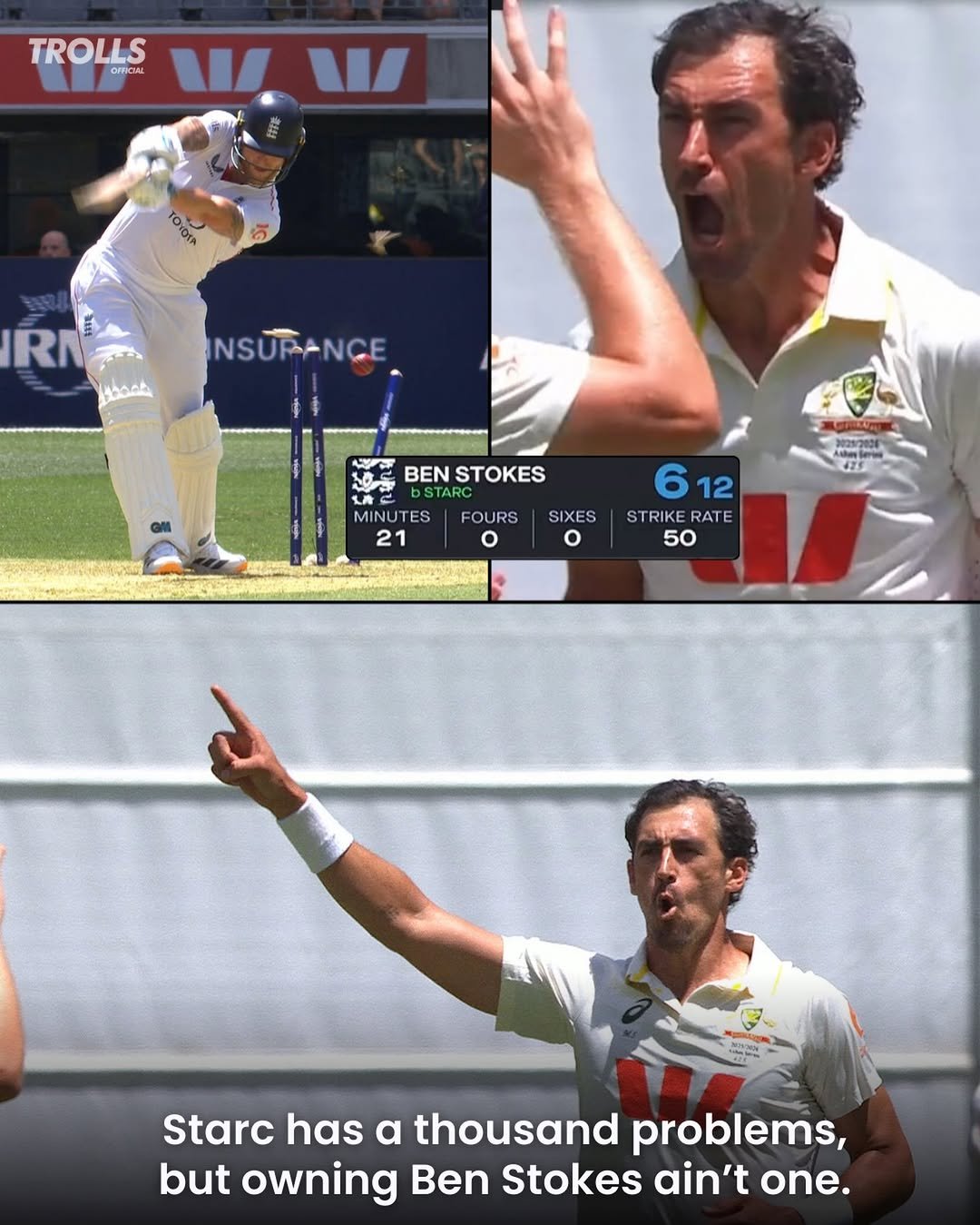 Photo by Trolls Official on November 20, 2025. May be an image of ‎cricket and ‎text that says '‎TROLLS ORFIOML OyCKA 石 RN Ibosts INSURANCE 2 یته BENSTOKES BEN STOKES bSTAR MINUTE JTES 21 FOURS Ca 425 SIXES O 612 6 12 STRIKERATE STRIKE RATE 50 Starc has a thousand problems, but owning Ben Stokes ain't one.‎'‎‎.