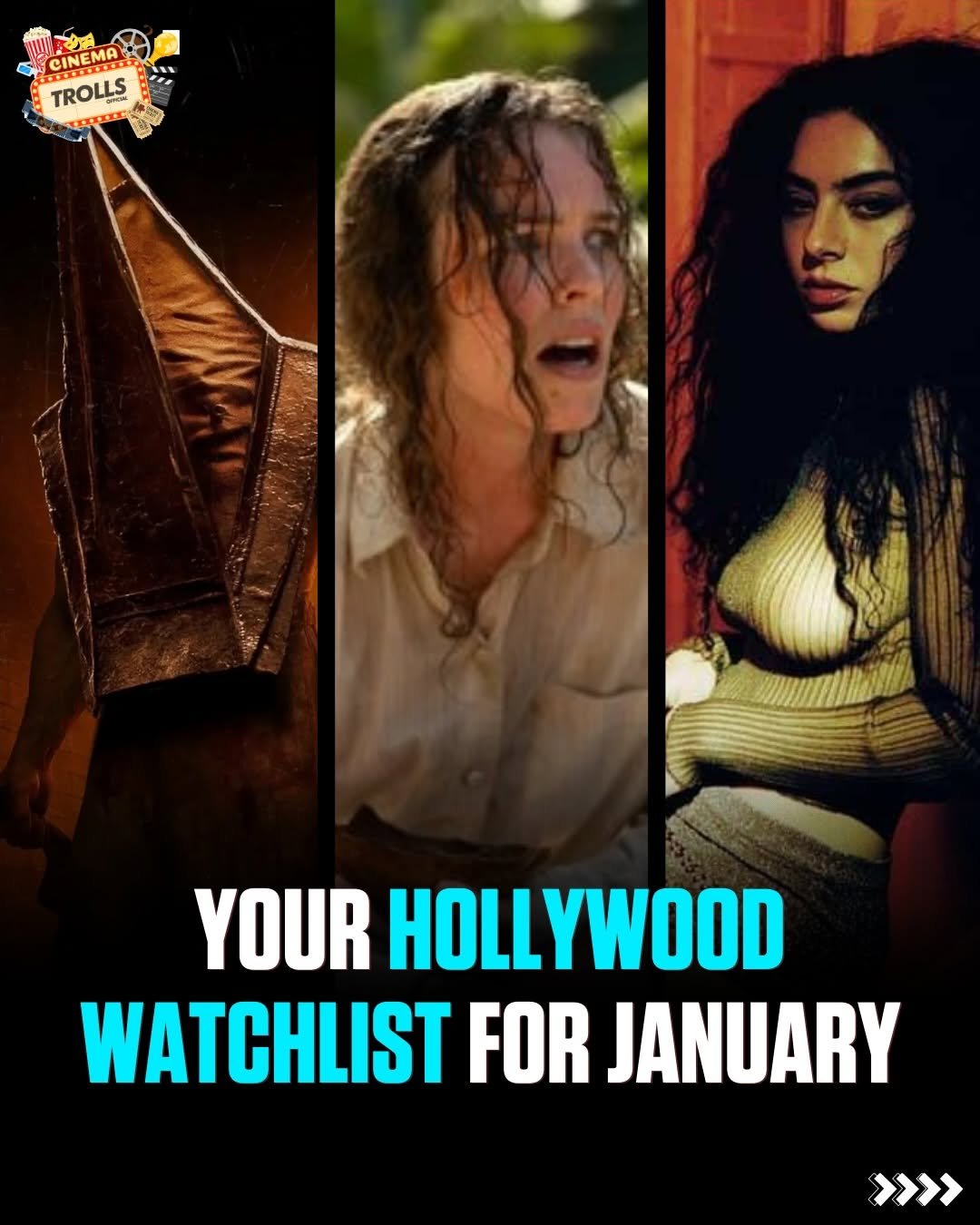 Photo by Trolls Official on December 31, 2025. May be an image of poster and text that says 'CINENER TROLLS YOUR HOLLYWOOD WATCHLIST FOR JANUARY >>>>'.
