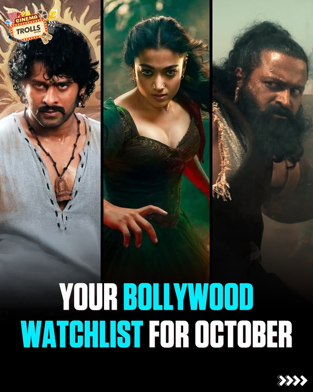 Photo by Trolls Official on October 01, 2025. May be an image of 3 people, poster and text that says 'CINEMA TROLLS M 神 YOUR BOLLYWOOD WATCHLIST FOR OCTOBER >>>>'.