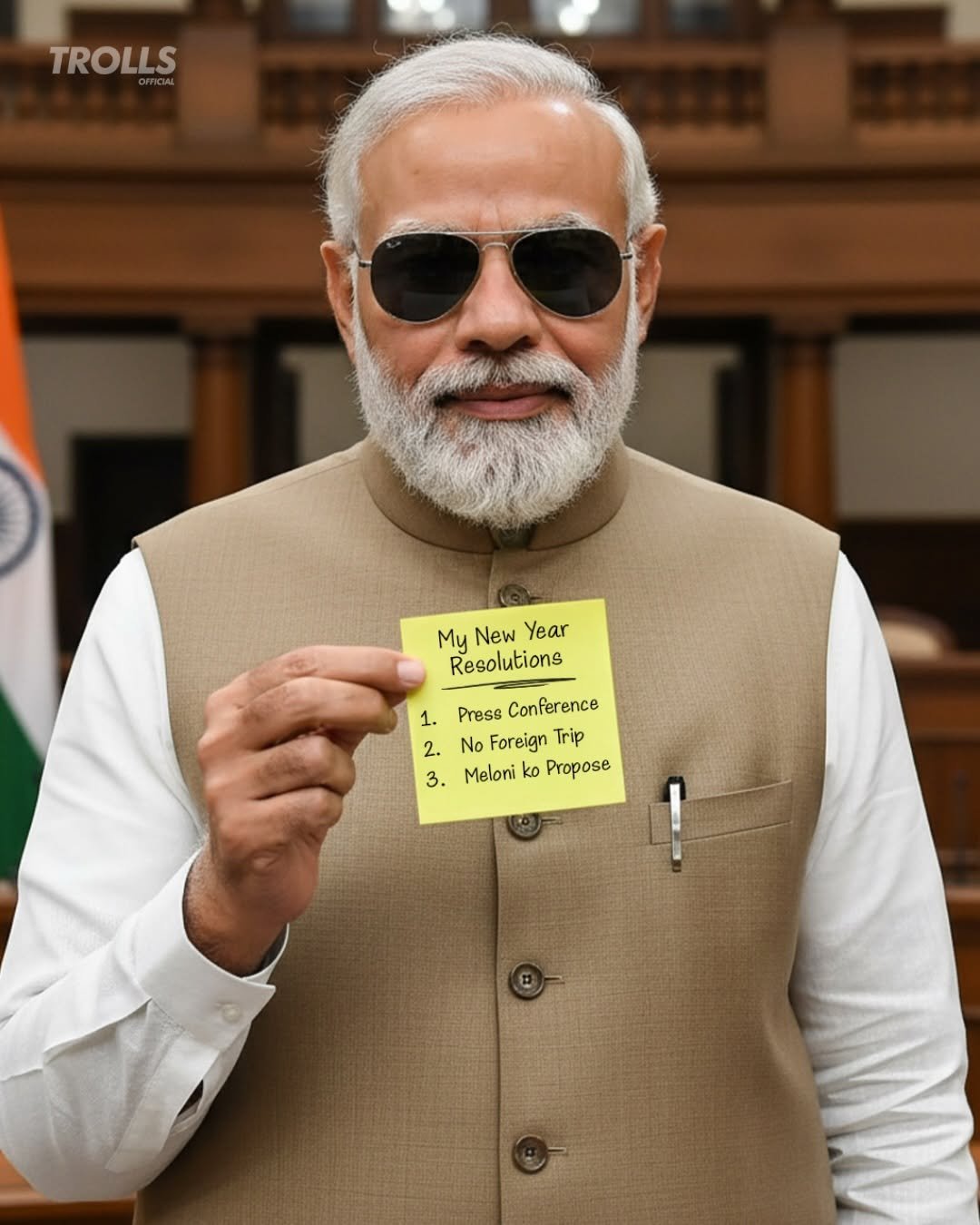 Photo by Trolls Official on December 31, 2025. May be an image of one or more people, beard, people standing and text that says 'TROLLS My New NewYear Year Resolutions Press Conference PressConference Confer Conferer 1. 2. No Foreign Trip 3. Meloni ko Propose'.