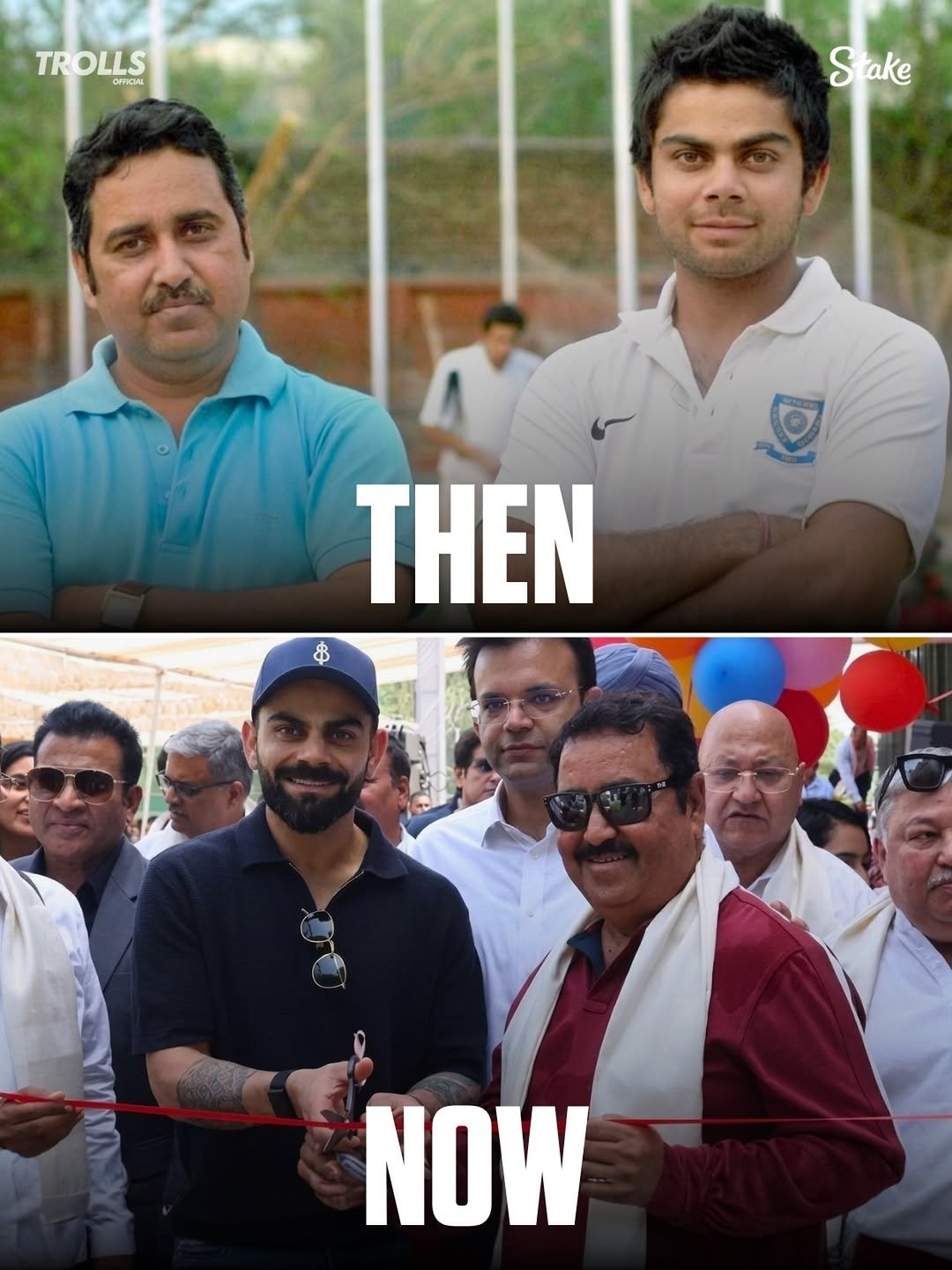 Photo by Trolls Official on April 28, 2026. May be a meme of one or more people, people playing cricket and text that says 'TROLLS oeHa T CPHaM S Stake take THEN $ NOW'.