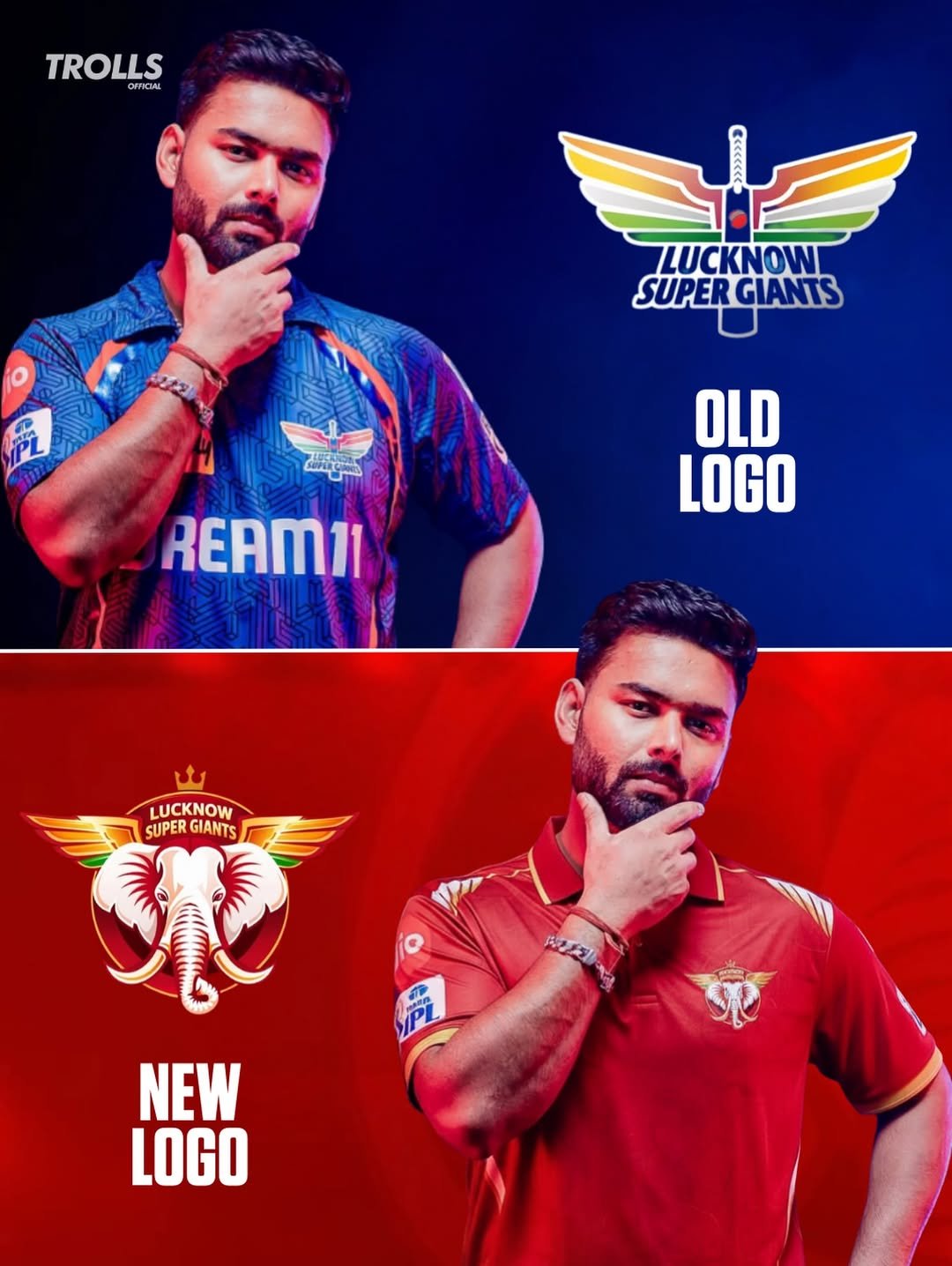 Photo by Trolls Official on February 24, 2026. May be a graphic of ‎cricket, banner, poster, sports equipment and ‎text that says '‎TROLLS OFFICIAL 2 LUCKNOW SUPERGIANTS SUPER GIANTS မတောရးသ OLD LOGO REAM11 LUCKNOW SUPER LUCKNOW SUPERGIANTS GIANTS ב-יעבשש WE NEW LOGO‎'‎‎.