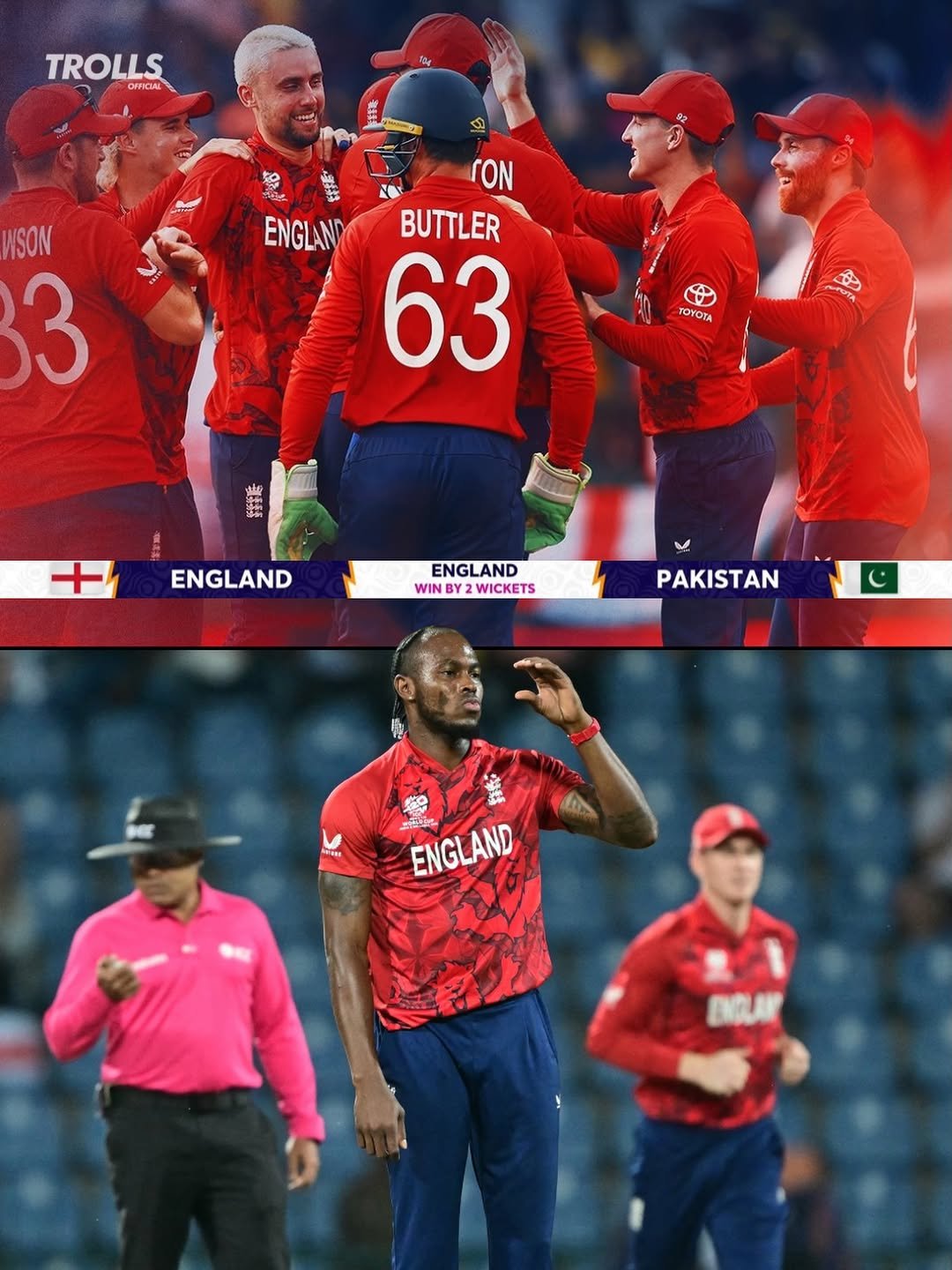 Photo by Trolls Official on February 24, 2026. May be an image of ‎football, baseball, cricket, stadium and ‎text that says '‎TROLLS ORFICAL OFFICAAL rON NSON 3 ENGLAN AND BUTTLER 63 FOYOTA 色 AOTA 王 ENGLAND ENGLAND LAND WIN BY WICKETS PAKISTAN امتر ENGLAND‎'‎‎.