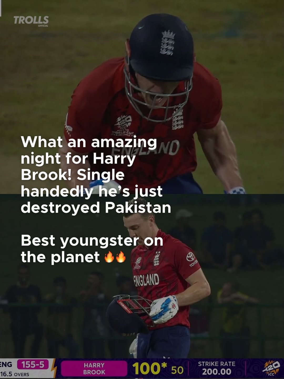 Photo by Trolls Official on February 24, 2026. May be an image of one or more people, people playing cricket and text that says 'TROLLS What an amazing night for Harry Brook! Single handedly he's just destroyed Pakistan Best youngster the planet O Yor TOYO ENGLAND NG 155-5 16.5OVERS 16.5 OVERS HARRY BROOK 100 50 STRIKE STRIKERATE RATE 200.00 120'.