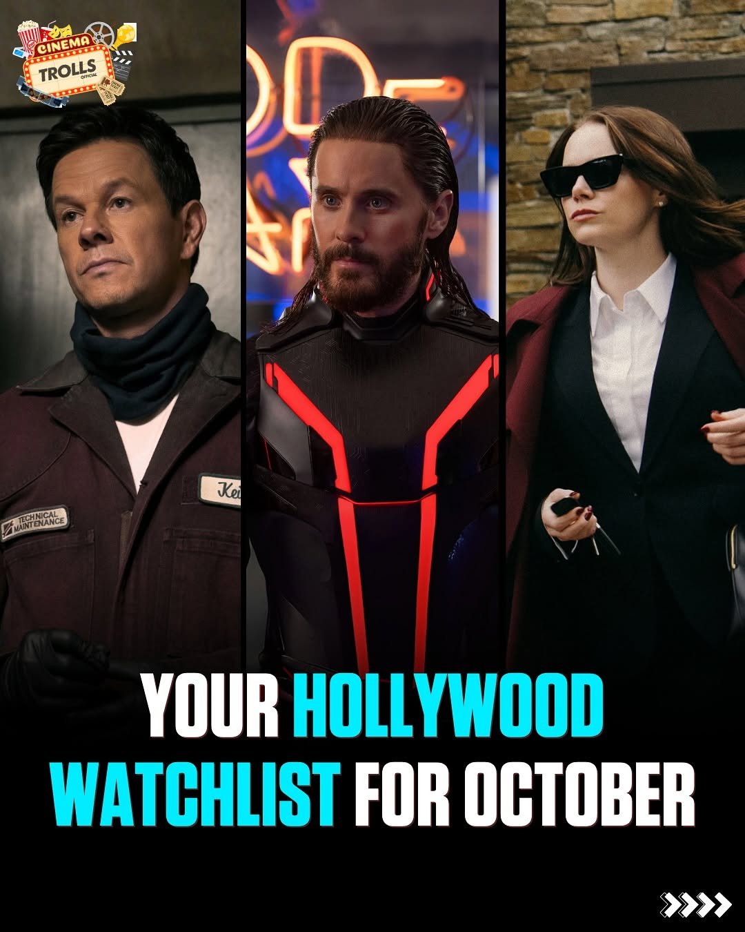 Photo by Trolls Official on September 30, 2025. May be an image of ‎3 people, wrist watch, poster and ‎text that says '‎(.. CINEMER TROLLS -ل MANTENANCE Kei YOUR HOLLYWOOD WATCHLIST FOR OCTOBER »>>>‎'‎‎.