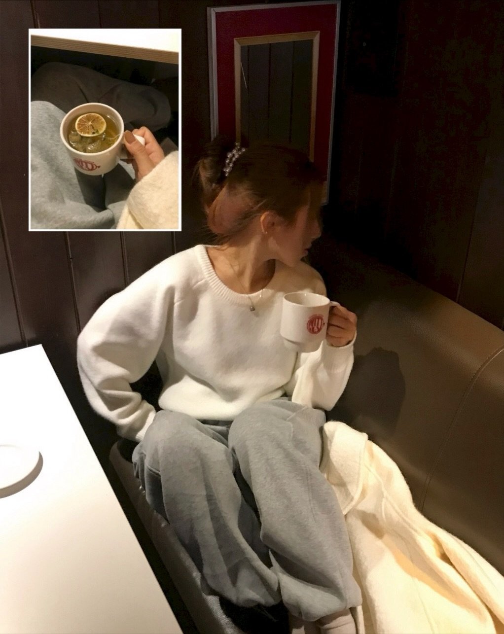 Photo shared by 또킹 👑 | 패션템 추천 | 데일리룩 코디 on November 18, 2025 tagging @kclubcokr. May be an image of coffee, coffee cup, duffle coat, cappuccino, sweatpants and text.