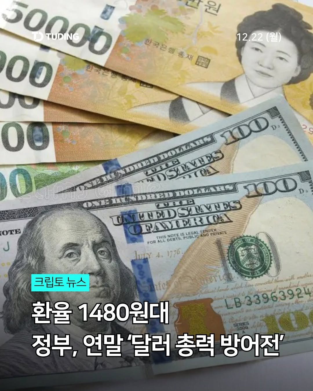Photo by 투딩ㅣ코인 투자 전문 강의 플랫폼 on December 21, 2025. May be an image of ‎text that says '‎원 50000 TUDIN 00 12.22(월) 12 한국은행총재 00 0 N OTE ل DOLARS NDSTAVEES VBES 100 NORE! مب 이0 NDRED DOLIARS BOLLA 公 100 UNUEDS FAMERIOA VEDSTANNES 년USD THIS NOTE SLEGAL AND PRWATE FOR ALL DEDTS JUY 1776 TIZAHAY 크립토 뉴스 widh mather 환율 1480원대 LB33963924 정부, 연말 '달러 총력 방어전'‎'‎.