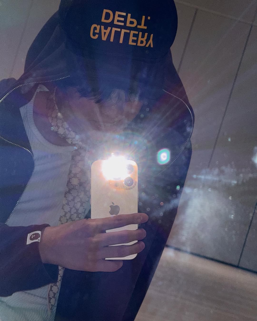 Photo by TWS (투어스) on August 14, 2025. May be a selfie of 1 person, hat, phone, bandanna, mirror and text.