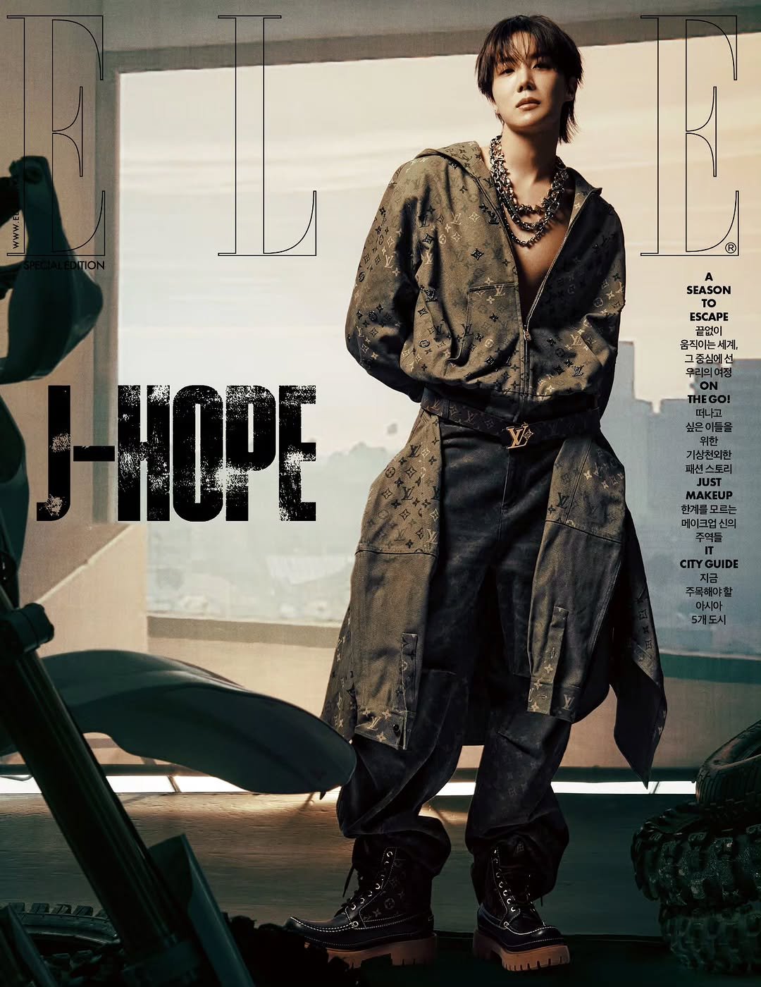 Photo shared by jhope on November 27, 2025 tagging @ellekorea. May be an image of poster, bolo tie and magazine.