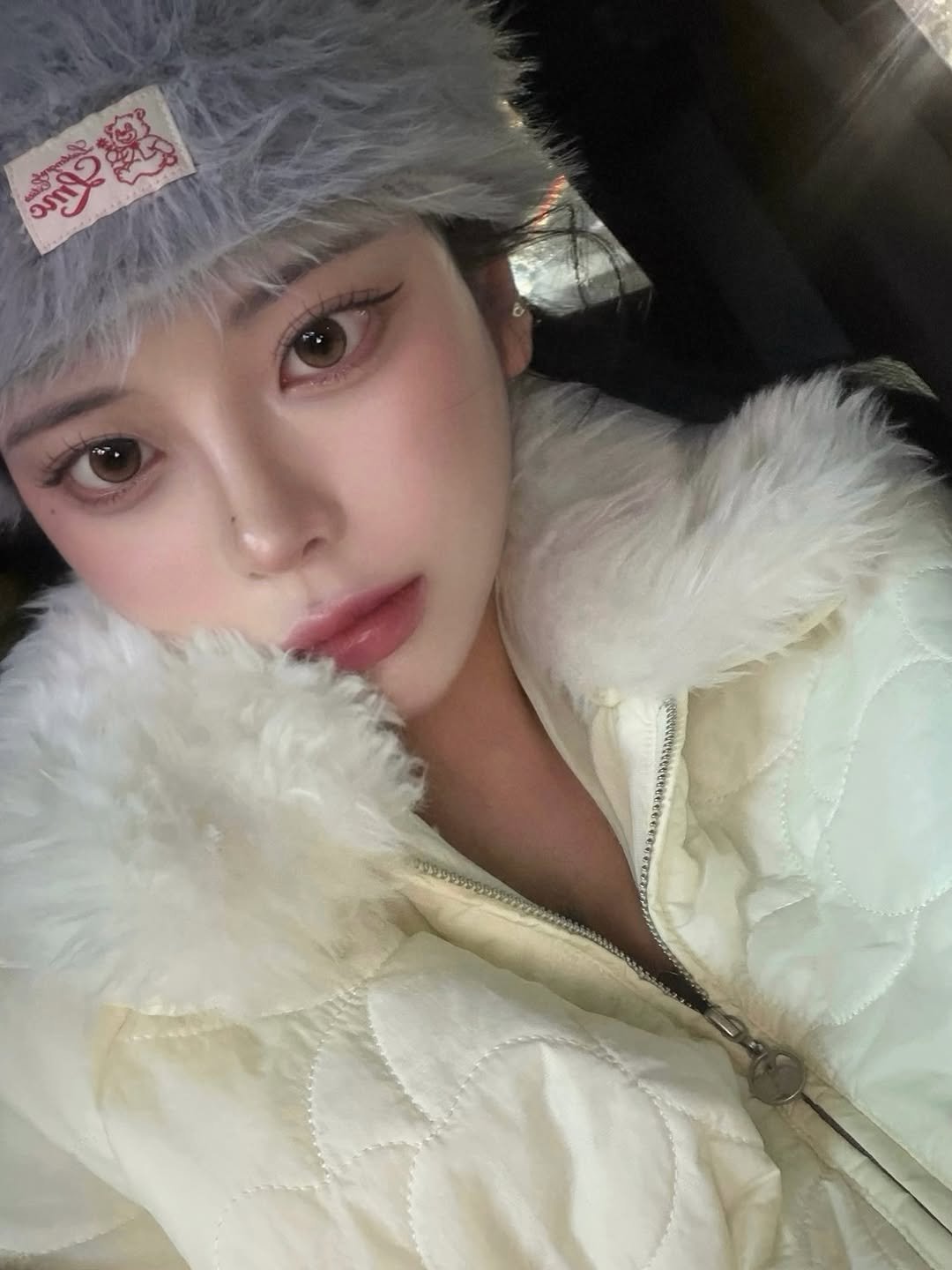 Photo shared by 유빈 on November 20, 2025 tagging @myfipn. May be a selfie of one or more people, hair, hat, goosedown coat, duffle coat, parka and text.