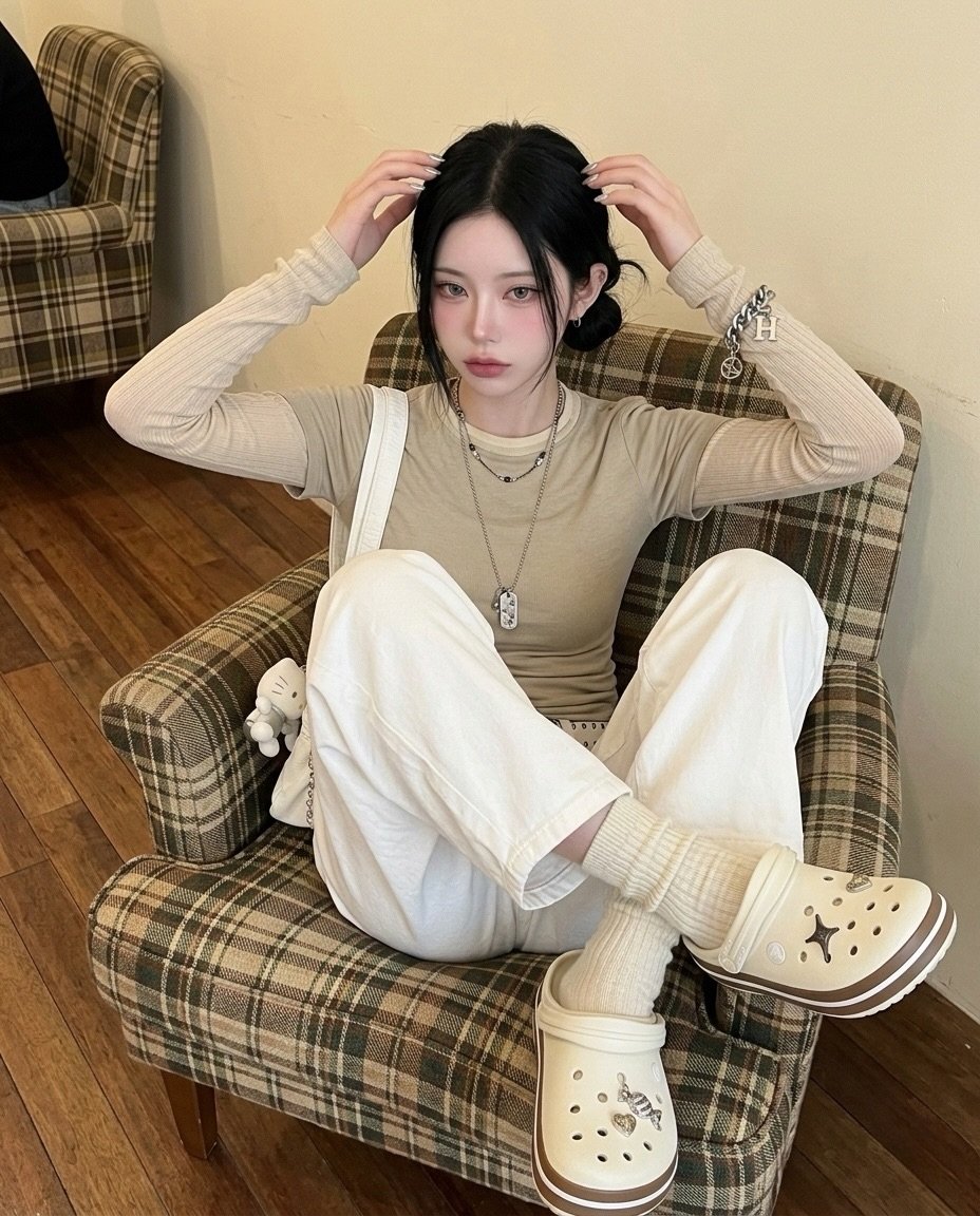 Photo shared by 유빈 on March 16, 2026 tagging @crocskorea. May be an image of sleepwear, turtleneck, sweatpants and text.