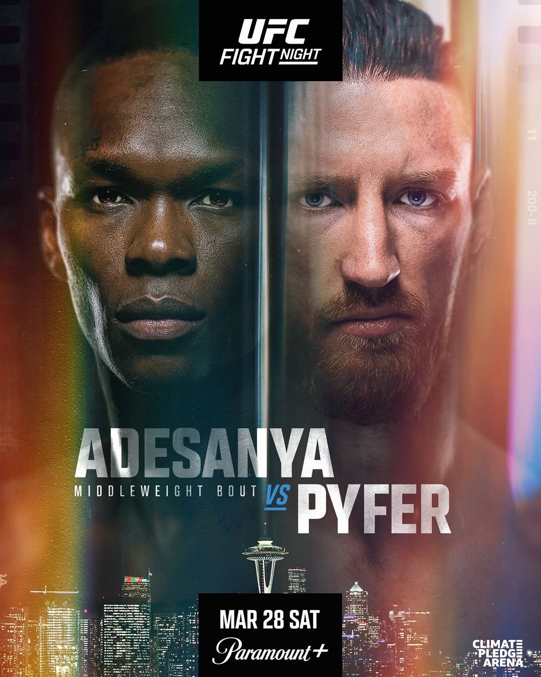 Photo shared by UFC on February 23, 2026 tagging @stylebender, @joepyfer, @ufcanz, and @ufconparamount. May be an image of poster and text that says 'FIGHT! NIGHT 도보전다 AL ADESANYA MIDDLEWEIGHT BOUTVS VS PYFER MAR 28 MAR28SAT SAT Paramount + ពា PLEDGE CLIMATE ARENA:'.
