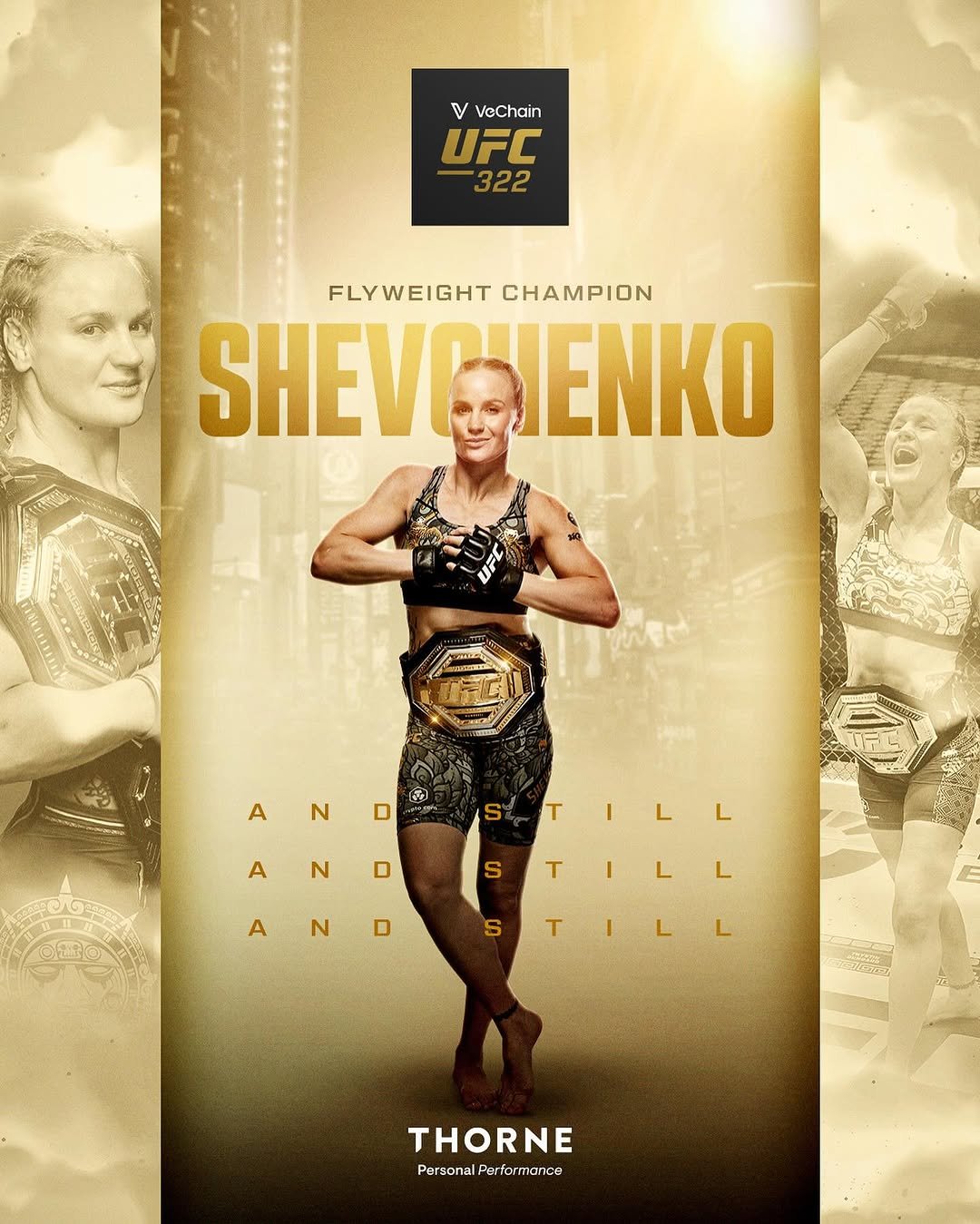 Photo shared by UFC on November 15, 2025 tagging @bulletvalentina. May be an image of ‎poster and ‎text that says '‎V VeChain UFC 322 FLYWEIGHTCHAMPION FLYWEIGHT CHAMPION SHEVGHIENKO HJENKO ဝးကောင် A ស្រា N D S A T N I L ם S ORRO T I AND D A N L L S TILL I T L L THORNE PersonalPerformance Personal onalPerformance‎'‎‎.