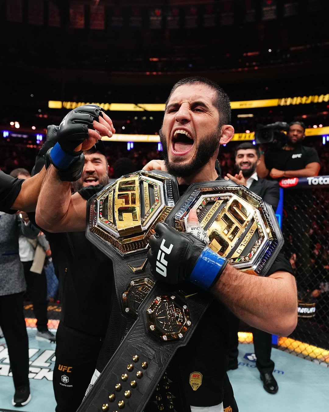 Photo shared by TKO Group Holdings on November 15, 2025 tagging @ufc, @thegarden, and @islam_makhachev. May be an image of belt, crowd and text.