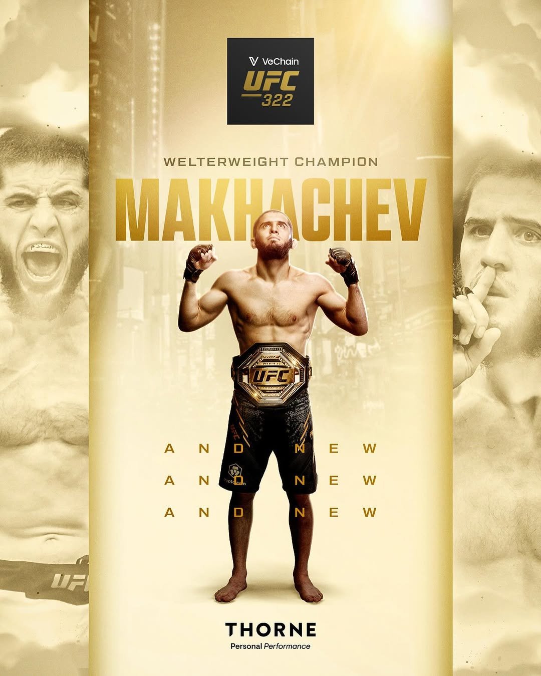 Photo shared by UFC on November 15, 2025 tagging @islam_makhachev. May be an image of ‎poster and ‎text that says '‎V veChain UFC 322 أافعاعن WELTERWEIGHT CHAMPION MAE CHEV IF E A N D A E N w E A N w D E w UF THORNE PersonalPerfermance Personal Performance‎'‎‎.