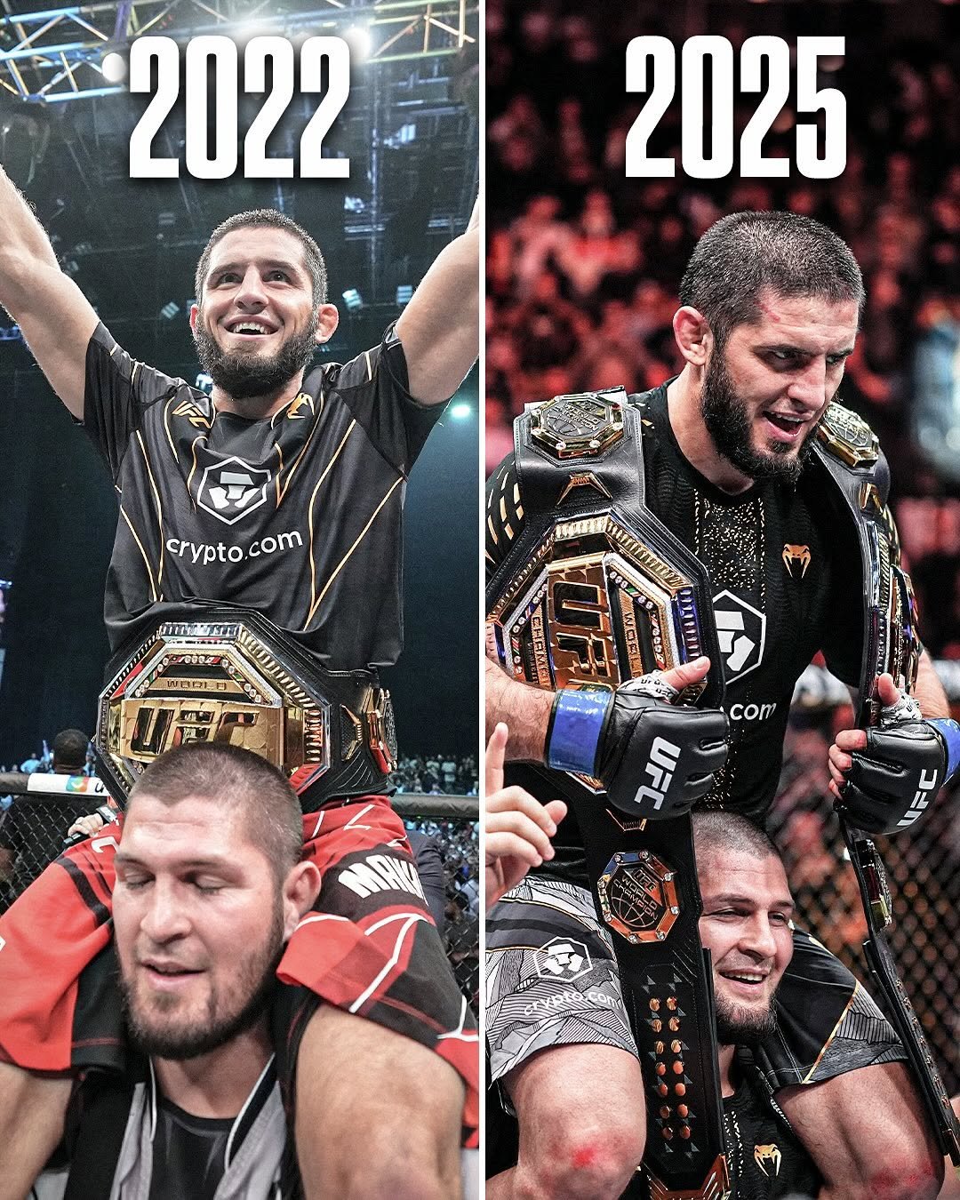 Photo shared by SportsCenter on November 15, 2025 tagging @espn, @ufc, @islam_makhachev, and @espnmma. May be an image of text that says '2022 2025 crypto.com crypto com GC WABEY 900 TF com'.