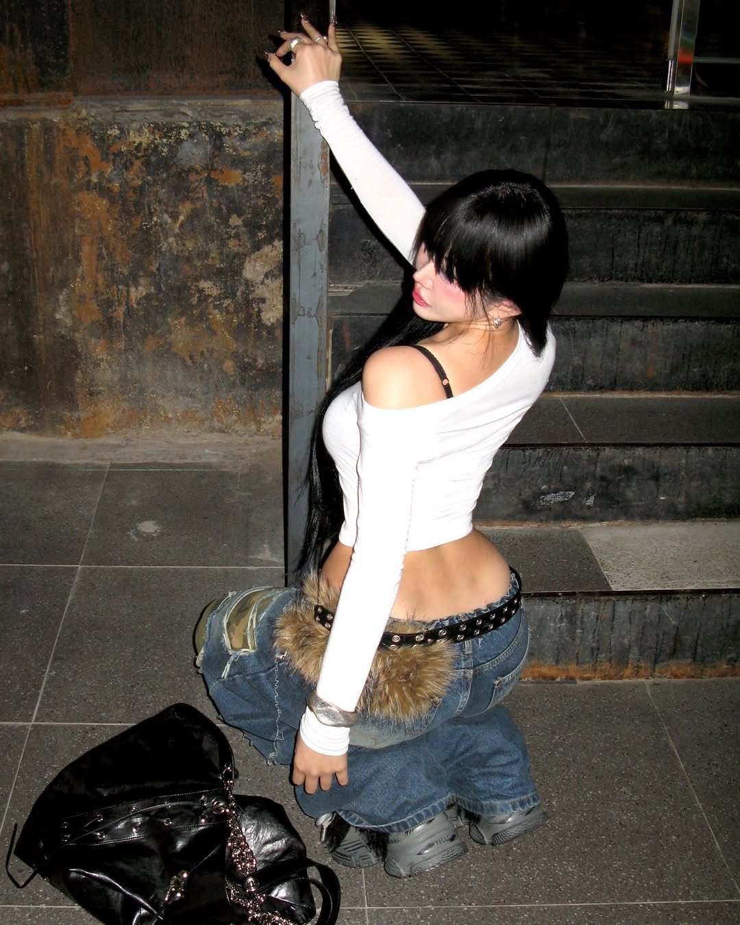 Photo shared by 뉴미 on March 03, 2026 tagging @bayby_goo, @gateless_official, and @yelloshoes_official. May be an image of fishnet stockings, miniskirt, cigarette and text.